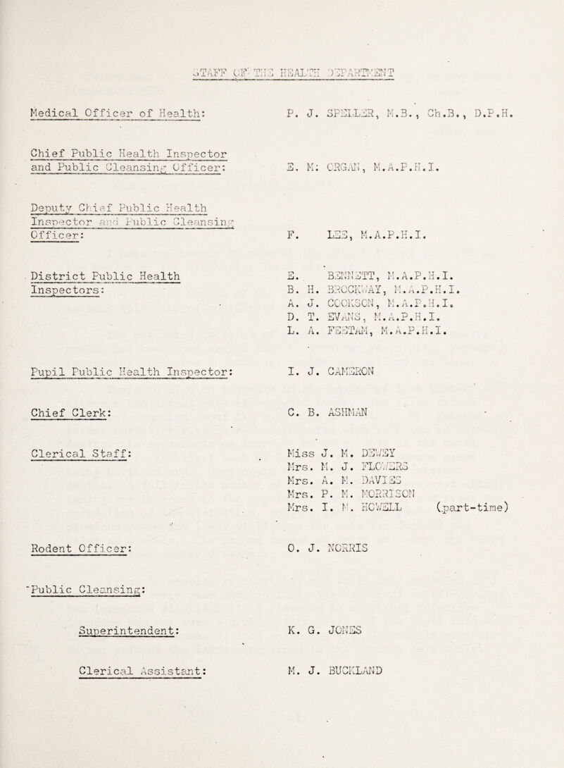 Medical Officer of Health: P. J. SPELLER, M.3., Ch.B., D.P.H Chief Public Health Inspector and Public Cleansing Officer: S. M: ORGAN, M.A.P.K.I. Deputv Chief Public Health Inspector and Public Cleansing Officer: F. LEE, M.A.P.K.I. District Public Health Inspectors: S.. BENNETT, M.A.P.K.I. B. H. BRCCKV/AY, M.A.P.K.I. A. J. COOKSON, M.A.P.K.I. D. T. EVANS, M.A.P.K.I. L. A. FSEThM, M.A.P.K.I. Pupil Public Health Inspector: I. J. CAMERON Chief Clerk: C. B. ASHMAN Clerical Staff: Miss J. M. DEWEY Mrs. M. J. FLOWERS Mrs. A. M. DAVIES Mrs. P. M. MORRISON Mrs. I. M. HCV/BLL (part-time) Rodent Officer: 0. J. NORRIS Public Cleansing: Superintendent: K. G. JONES Clerical Assistant M. J. BUCKLAND