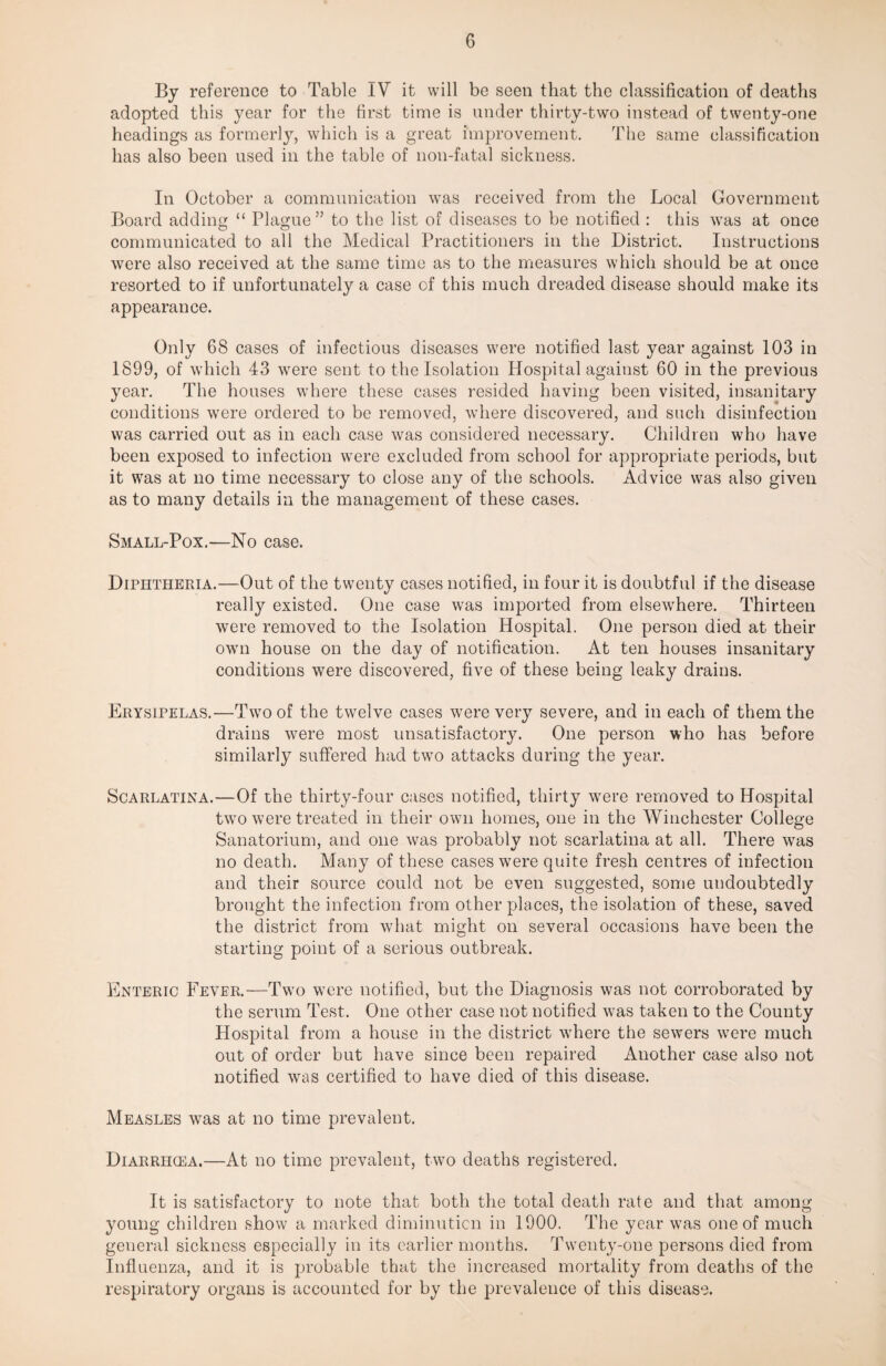 By reference to Table IV it will be seen that the classification of deaths adopted this year for the first time is under thirty-two instead of twenty-one headings as formerly, which is a great improvement. The same classification has also been used in the table of non-fatal sickness. In October a communication was received from the Local Government Board adding “ Plague” to the list of diseases to be notified : this was at once communicated to all the Medical Practitioners in the District. Instructions were also received at the same time as to the measures which should be at once resorted to if unfortunately a case of this much dreaded disease should make its appearance. Only 68 cases of infectious diseases were notified last year against 103 in 1899, of which 43 were sent to the Isolation Hospital against 60 in the previous year. The houses where these cases resided having been visited, insanitary conditions were ordered to be removed, where discovered, and such disinfection was carried out as in each case was considered necessary. Children who have been exposed to infection were excluded from school for appropriate periods, but it was at no time necessary to close any of the schools. Advice was also given as to many details in the management of these cases. Small-Pox.—No case. Diphtheria.—Out of the twenty cases notified, in four it is doubtful if the disease really existed. One case was imported from elsewhere. Thirteen were removed to the Isolation Hospital. One person died at their own house on the day of notification. At ten houses insanitary conditions were discovered, five of these being leaky drains. Erysipelas.—Two of the twelve cases were very severe, and in each of them the drains were most unsatisfactory. One person who has before similarly suffered had two attacks during the year. Scarlatina.—Of the thirty-four cases notified, thirty were removed to Hospital two were treated in their own homes, one in the Winchester College Sanatorium, and one was probably not scarlatina at all. There was no death. Many of these cases were quite fresh centres of infection and their source could not be even suggested, some undoubtedly brought the infection from other places, the isolation of these, saved the district from what might on several occasions have been the starting point of a serious outbreak. Enteric Fever.—Two were notified, but the Diagnosis was not corroborated by the serum Test. One other case not notified v?as taken to the County Hospital from a house in the district where the sewers vrere much out of order but have since been repaired Another case also not notified was certified to have died of this disease. Measles was at no time prevalent. Diarrhcea.—At no time prevalent, two deaths registered. It is satisfactory to note that both the total death rate and that among young children show a marked diminution in 1900. The year was one of much general sickness especially in its earlier months. Twenty-one persons died from Influenza, and it is probable that the increased mortality from deaths of the respiratory organs is accounted for by the prevalence of this disease.