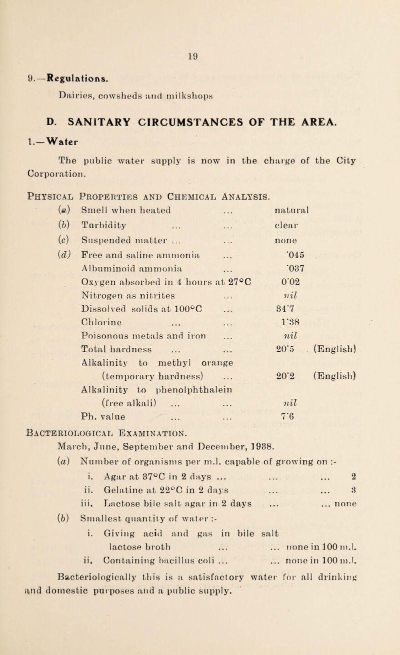 9. — Regulations. Dairies, cowsheds and milkshops D. SANITARY CIRCUMSTANCES OF THE AREA. 1.—Water The public water supply is now in the charge of the City Corporation. Physical Properties and Chemical Analysis. («) Smell when heated natural 0b) Turbidity clear (e) Suspended matter ... none (d) Free and saline ammonia ‘045 Albuminoid ammonia, *037 Oxygen absorbed in 4 hours at 27°C 0'02 Nitrogen as nit,rites nil Dissolved solids at 100°C 34*7 Chlorine 1*38 Poisonous metals and iron nil Total hardness 20*5 (English) Alkalinity to methyl orange (temporary hardness) 20*2 (English) Alkalinity to phenolphthalein (free alkali) nil Ph. value 7*6 Bacteriological Examination. March, June, September and December, 1988. (a) Number of organisms per m.L capable of growing on i. Agar at 37QC in 2 days ... ... ... 2 ii. Gelatine at 22°C in 2 days ... ... 8 iii. Lactose bile salt agar in 2 days ... ... none w Smallest quantity of water i. Giving acid and gas in bile salt lactose broth ... ... none in 100 m.L ii. Containing bacillus coli ... ... none in 100 m.L Bacteriologically this is a satisfactory water for all drinking and domestic purposes and a public supply.