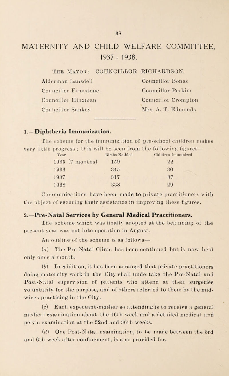 MATERNITY AND CHILD WELFARE COMMITTEE, 1937 - 1938. The Mayor: COUNCILLOR, RICHARDSON. Alderman Lansdell Councillor Firmstone Councillor Hinxman Councillor Sankey Councillor Bones Councillor Perkins Councillor Crompton Mrs. A. T. Edmonds 1. —Diphtheria Immunization. The scheme for the immunization of pre-school children makes very little progress ; this will he seen from the following figures-— Year Births Notified Children Immunized 1935 (7 months) 159 22 1936 345 30 1937 317 37 1938 338 29 Communications have been made to private practitioners with the object of securing their assistance in improving these figures. 2.—Pre-Natal Services by General Medical Practitioners. The scheme which was finally adopted at the beginning of the present year was put into operation in August. An outline of the scheme is as follows— (a) The Pre-Natal Ciinic has been continued but is now held only once a month. (b) In addition, it has been arranged that private practitioners doing maternity work in the City shall undertake the Pre-Natal and Post-Natal supervision of patients who attend at their surgeries voluntarily for the purpose, and of others referred to them by the mid¬ wives practising in the City. (c) Each expectant-mother so attending is to receive a general medical examination about the lGth week and a detailed medical and pelvic examination at the 82nd and 36th weeks. (cl) One Post-Natal examination, to be made between the 3rd and 6th week .after confinement, is also provided for.