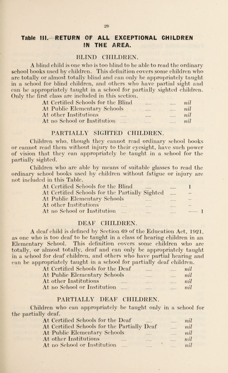 Table HI.—RETURN OF ALL EXCEPTIONAL CHILDREN IN THE AREA. BLIND CHILDREN. A blind child is one who is too blind to be able to read the ordinary school books used by children. This definition covers some children who are totally or almost totally blind and can only be appropriately taught in a school for blind children, and others who have partial sight and can be appropriately taught in a school for partially sighted children. Only the first class are included in this section. At Certified Schools for the Blind . . nil At Public Elementary Schools . . nil At other Institutions . . . nil At no School or Institution . . . nil PARTIALLY SIGHTED CHILDREN. Children who, though they cannot read ordinary school books or cannot read them without injury to their eyesight, have such power of vision that they can appropriately be taught in a school for the partially sighted. Children who are able by means of suitable glasses to read the ordinary school books used by children without fatigue or injury are not included in this Table. At Certified Schools for the Blind . . 1 At Certified Schools for the Partially Sighted - At Public Elementary Schools . . - At other Institutions . . . - At no School or Institution . . . . 1 DEAF CHILDREN. A deaf child is defined by Section 69 of the Education Act, 1921, as one who is too deaf to be taught in a class of hearing children in an Elementary School. This definition covers some children who are totally, or almost totally, deaf and can only be appropriately taught in a school for deaf children, and others who have partial hearing and can be appropriately taught in a school for partially deaf children. At Certified Schools for the Deaf . . nil At Public Elementary Schools . . nil At other Institutions . . . nil At no School or Institution . . . nil PARTIALLY DEAF CHILDREN. Children who can appropriately be taught only in a school for the partially deaf. At Certified Schools for the Deaf . . nil At Certified Schools for the Partially Deaf . nil At Public Elementary Schools . . nil At other Institutions . . . nil At no School or Institution . . . nil