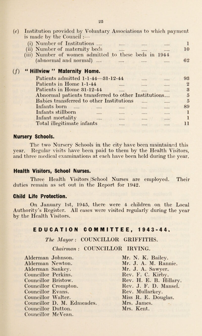 [e) Institution provided by Voluntary Associations to which payment is made by the Council — (i) Number of Institutions . . . . 1 (ii) Number of maternity beds . . . 10 (iii) Number of women admitted to these beds in 1944 (abnormal and normal) . . . . 62 (/) “ Hillview ” Maternity Home. Patients admitted 1-1-44—31-12-44 . . 93 Patients in Home 1-1-44 . . . 2 Patients in Home 31-12-44 . . . 3 Abnormal patients transferred to other Institutions. 5 Babies transferred to other Institutions . . 5 Infants born . . . . . 89 Infants stillborn . . . . 1 Infant mortality . . . . 1 Total illegitimate infants . . . 11 Nursery Schools. The two Nursery Schools in the city have been maintained this year. Regular visits have been paid to them by the Health Visitors, and three medical examinations at each have been held during the year. Health Visitors, School Nurses. Three Health Visitors /School Nurses are employed. Their duties remain as set out in the Report for 1942. Child Life Protection. On January 1st, 1945, there were 4 children on the Local Authority’s Register. All cases were visited regularly during the year by the Health Visitors. EDUCATION COMMITTEE, 1 943-44. The Mayor: COUNCILLOR GRIFFITHS. Chairman: COUNCILLOR IRVING. Alderman Johnson. Alderman Newton. Alderman Sankey. Councillor Perkins. Councillor Bristow. Councillor Crompton. Councillor Evans. Councillor Walter. Councillor D. M. Edmeades. Councillor Dutton. Councillor McVean. Mr. N. K. Bailey. Mr. J. A. M. Rannie. Mr. J. A. Sawyer. Rev. F. C. Kirby. Rev. H. E. B. Hillary. Rev. J. F. D. Mansel. Rev. Mullarkey. Miss R. E. Douglas. Mrs. James. Mrs. Kent.