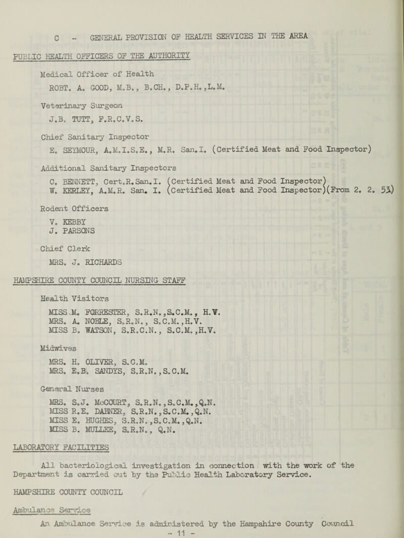 C - GENERAL PROVISION OP HEALTH SERVICES IN THE AREA PUBLIC HEALTH OPPICERS OP THE AUTHORITY Medical Officer of Health ROBT. Ao GOOD, M.B., B.CH., D.P.H.,L.M. Veterinary Surgeon J.BC TUTT, PoRoCo Vo S. Chief Sanitary Inspector E0 SEYMOUR, AoMol.ScE,, M.R. San.I. (Certified Meat and Pood Inspector) Additional Sanitary Inspectors Ce BENNETT, Cert.R.San.1. (Certified Meat and Pood Inspector) W„ KERLEY, A.M.R. San.. I. (Certified Meat and Pood Inspector)(Prom 2. 2. 53) Rodent Officers Vo KEBBY J. PARSONS Chief Clerk MRS, Jo RICHARDS HAMPSHIRE COUNTY COUNCIL NURSING STAPP Health Visitors MISS J, FORRESTER, S.R.N. ,S*C.M., H.V. MRSe A. NOBLE, S0R0N0, S.C.M.,H.V. MISS Bo WATSON, SoRoC.N., S.C.M. ,H.V. Midwivss MRS. Ho OLIVER, S.C.M. MRS. E.Bi, SANDYS, S.R.N. ,S.C.M. General Nurses MRS. S.J. McCOURT«, S.R.N., S.C.M. ,Q.N. MISS R.E. DABNER, S.R.N., S.C.M. ,Q.N. MISS E. HUGHES, S.R.N. ,S.C.M.,Q.N. MISS B. MULLER, S.R.N., Q.N. LABORATORY FACILITIES All Bacteriological investigation in connection with the work of the Department is carried out 'by the Public Health Laboratory Service. HAMPSHIRE COUNTY COUNCIL Ambulance Service An. Ambulance Service is administered by the Hampshire County Council