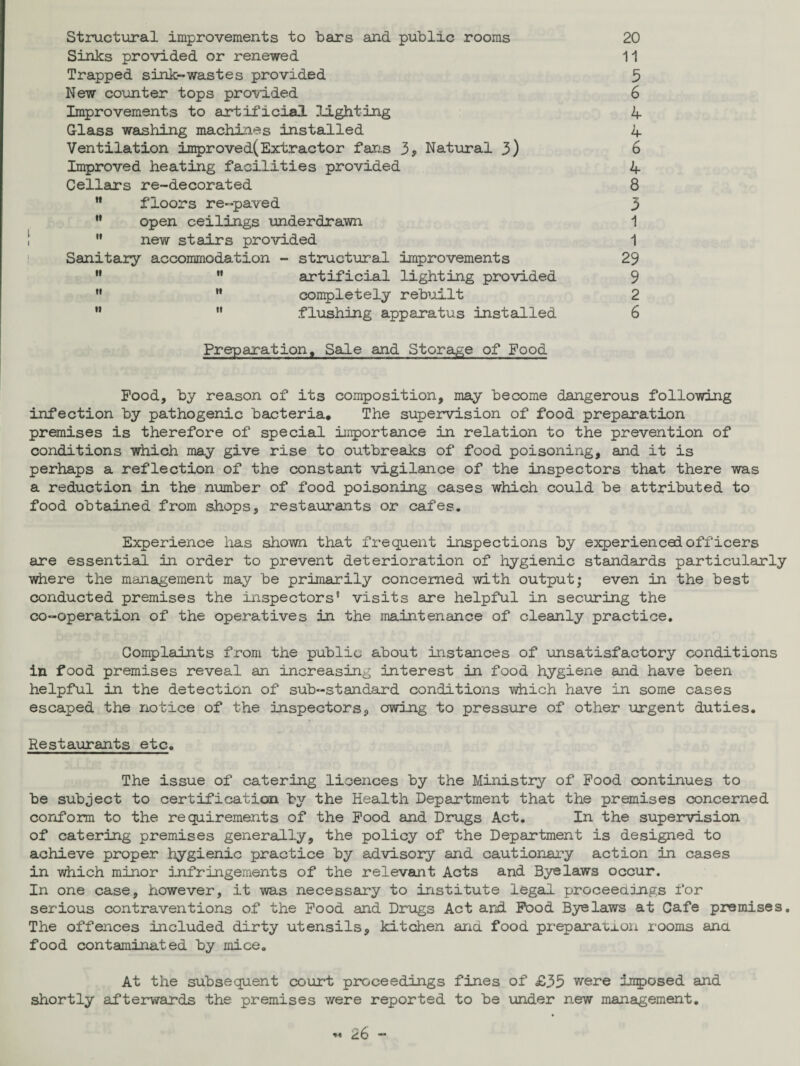 Structural improvements to bars and public rooms 20 Sinks provided or renewed 11 Trapped sink-wastes provided 5 New counter tops provided 6 Improvements to artificial lighting 4 Glass washing machines installed 4 Ventilation improved( Extractor fans 3, Natural 3) 6 Improved heating facilities provided 4 Cellars re-decorated 8 ” floors re-paved 3  open ceilings underdrawn 1  new stairs provided 1 Sanitary accommodation - structural improvements 29   artificial lighting provided 9   completely rebuilt 2 ”  flushing apparatus installed 6 Preparation, Sale and Storage of Food Pood, by reason of its composition, may become dangerous following infection by pathogenic bacteria. The supervision of food preparation premises is therefore of special inportance in relation to the prevention of conditions which may give rise to outbreaks of food poisoning, and it is perhaps a reflection of the constant vigilance of the inspectors that there was a reduction in the number of food poisoning cases which could be attributed to food obtained from shops, restaurants or cafes. Experience has shown that frequent inspections by experienced off icers are essential in order to prevent deterioration of hygienic standards particularly where the management may be primarily concerned with output; even in the best conducted premises the inspectors’ visits are helpful in securing the co-operation of the operatives in the maintenance of cleanly practice. Complaints from the public about instances of unsatisfactory conditions in food premises reveal an increasing interest in food hygiene and have been helpful in the detection of sub-standard conditions which have in some cases escaped the notice of the inspectors, owing to pressure of other urgent duties. Restaurants etc. The issue of catering licences by the Ministry of Pood continues to be subject to certification by the Health Department that the premises concerned conform to the requirements of the Pood and Drugs Act. In the supervision of catering premises generally, the policy of the Department is designed to achieve proper hygienic practice by advisory and cautionary action in cases in which minor infringements of the relevant Acts and Byelaws occur. In one case, however, it was necessary to institute legal proceedings for serious contraventions of the Pood and Drugs Act and Fbod Byelaws at Cafe premises. The offences included dirty utensils, kitchen and food preparation rooms ana food contaminated by mice. At the subsequent court proceedings fines of £33 were imposed and shortly afterwards the premises were reported to be under new management.