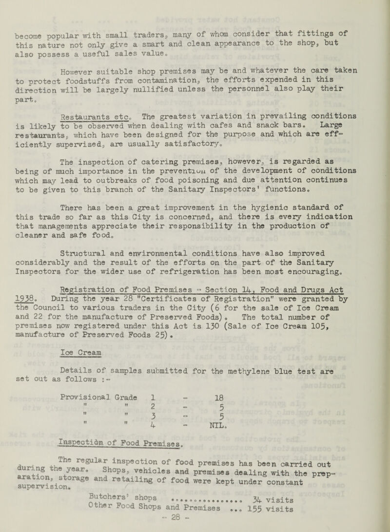 become popular with small traders, many of whom consider that fittings of this nature not only give a smart and clean appearance to the shop, but also possess a useful sales valueQ However suitable shop premises may be and whatever the care taken to protect foodstuffs from contamination, the efforts expended in this direction will be largely nullified unless the personnel also play their part * Restaurants etc„ The greatest variation in prevailing conditions is likely to be observed when dealing with cafes and snack bars* Large restaurants, which have been designed for the purpose and which are eff~ icienily supervised, are usually satisfactory* The inspection of catering premises, however, is regarded as being of much importance in the prevention of the development of conditions which may lead to outbreaks of food poisoning and due attention continues to be given to this branch of the Sanitary Inspectors' functions* There has been a great improvement in the hygienic standard of this trade so far as this City is concerned, and there is every indication that managements appreciate their responsibility in the production of cleaner and safe food* Structural and environmental conditions have also improved considerably and the result of the efforts on the part of the Sanitary Inspectors for the wider use of refrigeration has been most encouraging* Registration of Food Premises ~ Section 14, Food and Drugs Act 1958* During the year 28 Certificates of Registration were granted by the Council to various traders in the City (6 for the sale of Ice Cream and 22 for the manufacture of Preserved Poods) * The total number of premises now registered under this Act is 130 (Sale of Ice Cream 105, manufacture of Preserved Poods 25) o Ice Cream Details of samples submitted for the methylene blue test are set out as follows :-=> Provisional Grade 1 =» 18   2 - 5   3 - 5  4 NIL* Inspection of Food Premises. - The regular inspection of food premises has been carried out unng me year. Shops, vehicles and premises dealing with the prep¬ aration, storage and retailing of food were kept under constant supervision. Butchers3 shops Other Pood Shops • © e » o o e o © o and Premises - 28 - 34 visits 155 visits © • o