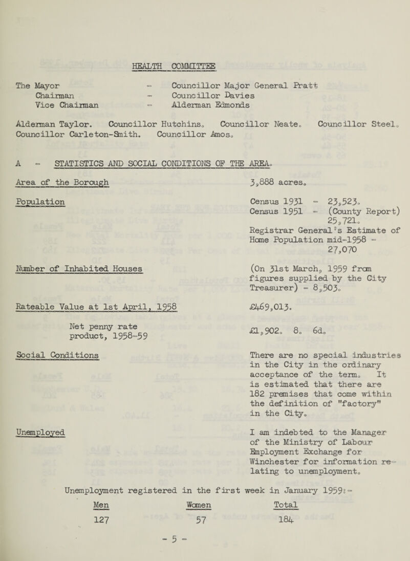 HEALTH COMMITTEE The Mayor ~ Councillor Major General, Pratt Chairman - Councillor Davies Vice Chairman ~ Alderman Edmonds Alderman Taylor. Councillor Hutchins0 Councillor Neate0 Councillor Steel„ Councillor Carleton-Snith. Councillor Amoso A - STATISTICS AND SOCIAL CONDITIONS OP THE AREAo Area of the Borough 3 5,888 acres o Population Census 1931 - 23*523« Census 1951 ~ (County Report) 25 3 721 o Registrar General°s Estimate of Heme Population mid-1,958 - 27*070 Number of Inhabited Houses (On 31st March,* 1959 from figures supplied by the City Treasurer) - 8,503® Rateable Value at 1st April, 1958 £169,013. Net penny rate product, 1958-59 £L,902o 80 6d0 Social Conditions There are no special, .industries in the City in the ordinary acceptance of the term0 It is estimated that there are 182 premises that come within the definition of factory** in the City,, Unemployed I am indebted to the Manager of the Ministry of Labour Employment Exchange for Winchester for information ref¬ lating to unemployment0 Unemployment registered in the first week in January 1959°“ Men Women Total 127 57 184