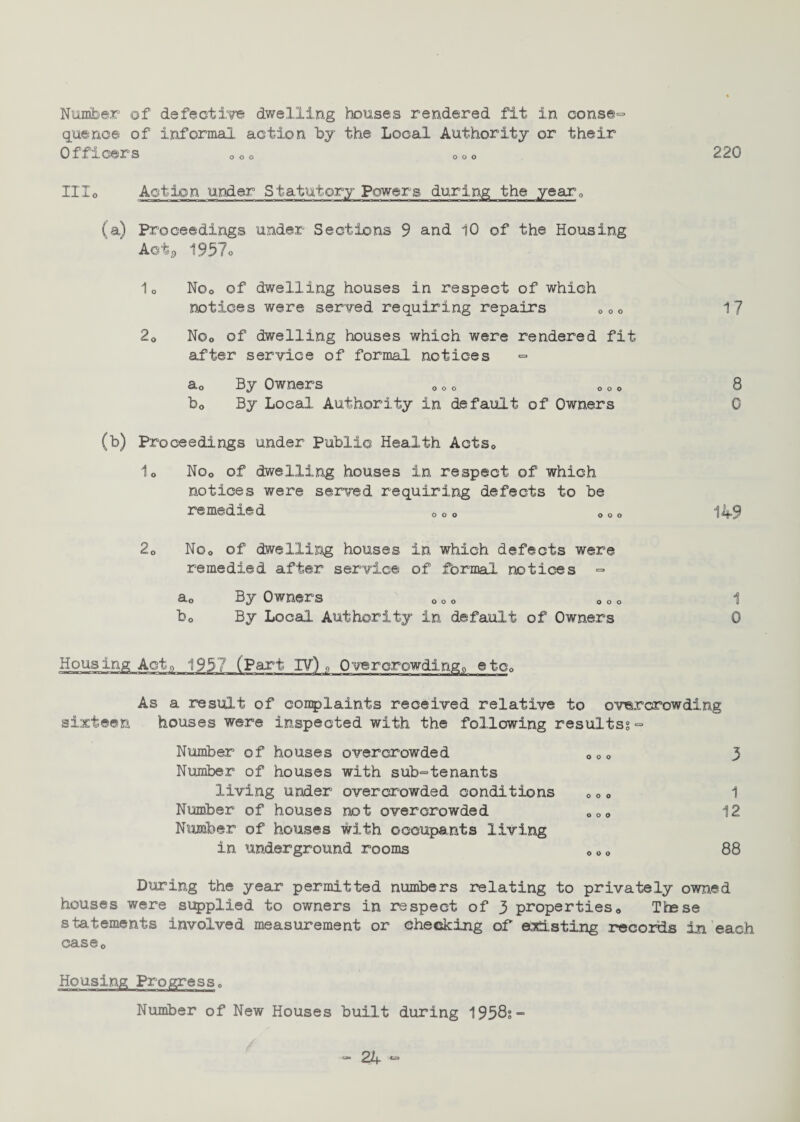 Number of defective dwelling houses rendered fit in conse¬ quence of informal action by the Local Authority or their Officers 0Oo 00o 220 IIIo Action under Statutory Powers during the year0 (a) Proceedings under Sections 9 and 10 of the Housing ActP 1957° 1o Noo of dwelling houses in respect of which notices were served requiring repairs 0oo 17 2<> Noo of dwelling houses which were rendered fit after service of formal notices «= a„ By Owners 0 0 0 0 0 0 8 b0 By Local Authority in default of Owners 0 (b) Proceedings under Public Health Acts, 10 Noo of dwelling houses in respect of which notices were served requiring defects to be remedied oco 00o 149 20 No® of dwelling houses in which defects were remedied after service of formal notices *=» a« By Owners 0 0« 0 0 o 1 b0 By Local Authority in default of Owners 0 Housing Acto 1957 (Part IV) Overcrowdings etca As a result of complaints received relative to overcrowding sixteen houses were inspected with the following resultsg- Number of houses overcrowded 0°o 3 Number of houses with sub-tenants living under overcrowded conditions 0 o <> 1 Number of houses not overcrowded 000 1 2 Number of houses with occupants living in underground rooms 000 88 During the year permitted numbers relating to privately owned houses were supplied to owners in respect of 3 properties0 Ttese statements involved measurement or checking of existing records in each case0 Housing Progress, Number of New Houses built during 1958s-