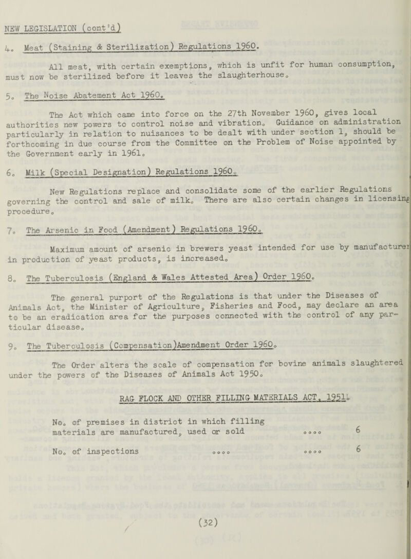 NEW LEGISLATION (cont°d) 4o Meat (Staining & Sterilization) Regulations i960. All meat, with certain exemptions, which is unfit for human consumption, must now be sterilized before it leaves the slaughterhouse0 5C The Noise Abatement Act 1960e The Act which came into force on the 27th November I960, gives^local authorities new powers to control noise and vibration0 Guidance on administration particularly in relation to nuisances to be dealt with under section 1, should be forthcoming in due course from the Committee on the Problem of Nci.se appointed by the Government early in 196l0 60 Milk (Special Designation) Regulations 1960o New Regulations replace and consolidate some of the earlier Regulations governing the control and sale of milk0 There are also certain changes in ^luensing procedureo 7o The Arsenic in Food (Amendment) Regulations 1960o Maximum amount of arsenic in brewers yeast intended for use by manufacturei in production of yeast products, is increased,, 80 The Tuberculosis (England & Wales Attested Area) Order 1960o The general purport of the Regulations is that under the Diseases of Animals Act, the Minister of Agriculture, Fisheries and Food, may declare an area to be an eradication area for the purposes connected with the control of any par¬ ticular diseaseo 90 The Tuberculosis (Compensation)Amendment Order 1960o The Order alters the scale of compensation for bovine animals slaughtered under the powers of the Diseases of Animals Act 19500 RAG FLOCK AND OTHER FILLING MATERIALS ACT, 195U No0 of premises in district in which filling materials are manufactured, used or sold oot>o 6 No0 of inspections 0000 0000 6 .