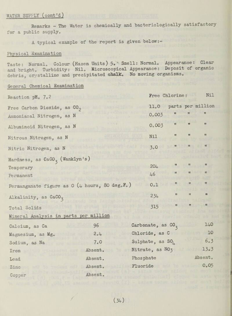 WATER SUPPLY (contfld) Remarks - The Water is chemically and bacteriologically satisfactory for a public supplyQ A typical example of the report is given belowj- Physical Examination Tastes Normal. Colour (Hazen Units) 5a Smells Normal. Appearances Clear and bright* Turbiditys Nil* Microscopical Appearances Deposit of organic debris, crystalline and precipitated chalk* No moving organisms* General Chemical Examination Reaction pH* 7<>2 Free Chlorine 0 0 Nil Free Carbon Dioxide, as C02 11.0 parts per million Ammoniacal Nitrogen, as N 0.003 it it H Albuminoid Nitrogen, as N 0.003 it H It Nitrous Nitrogen, as N Nil it II II Nitric Nitrogen, as N 3o0 it II If Hardness, as GaGO, (Wanklyn9s) Temporary 204 ft It II Permanent 46 it If It Permanganate figure as 0 (4 hours, 80 deg.F.) 0.1 it II !» Alkalinity, as CaGO- 1 234 11 If n Total Solids 315 11 It it Mineral Analysis in parts per million Calcium, as Ca 96 Carbonate, as C0-, 140 Magnesium, as Mg* 2.4 Chloride, as c 10 Sodium,, as Na 7*0 Sulphate, as S04 6.3 Iron Absent* Nitrate, as N03 13«3 Lead Absent. Phosphate Absent. Zinc Absent. Fluoride 0.05 Copper Absent.
