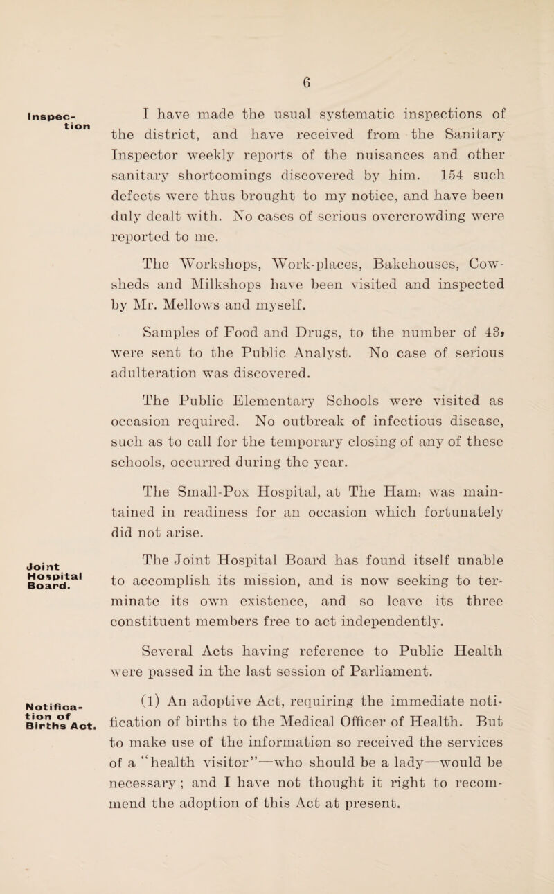 Inspec¬ tion Joint Hospital Board. Notifica¬ tion of Births Act. I have made the usual systematic inspections of the district, and have received from the Sanitary Inspector weekly reports of the nuisances and other sanitary shortcomings discovered by him. 154 such defects were thus brought to my notice, and have been duly dealt with. No cases of serious overcrowding were reported to me. The Workshops, Work-places, Bakehouses, Cow¬ sheds and Milkshops have been visited and inspected by Mr. Mellows and myself. Samples of Food and Drugs, to the number of 43* were sent to the Public Analyst. No case of serious adulteration was discovered. The Public Elementary Schools were visited as occasion required. No outbreak of infectious disease, such as to call for the temporary closing of any of these schools, occurred during the year. The Small-Pox Hospital, at The Ham, was main¬ tained in readiness for an occasion which fortunately did not arise. The Joint Hospital Board has found itself unable to accomplish its mission, and is now seeking to ter¬ minate its own existence, and so leave its three constituent members free to act independently. Several Acts having reference to Public Health were passed in the last session of Parliament. (l) An adoptive Act, requiring the immediate noti¬ fication of births to the Medical Officer of Health. But to make use of the information so received the services of a “health visitor”—who should be a lady—would be necessary ; and I have not thought it right to recom¬ mend the adoption of this Act at present.