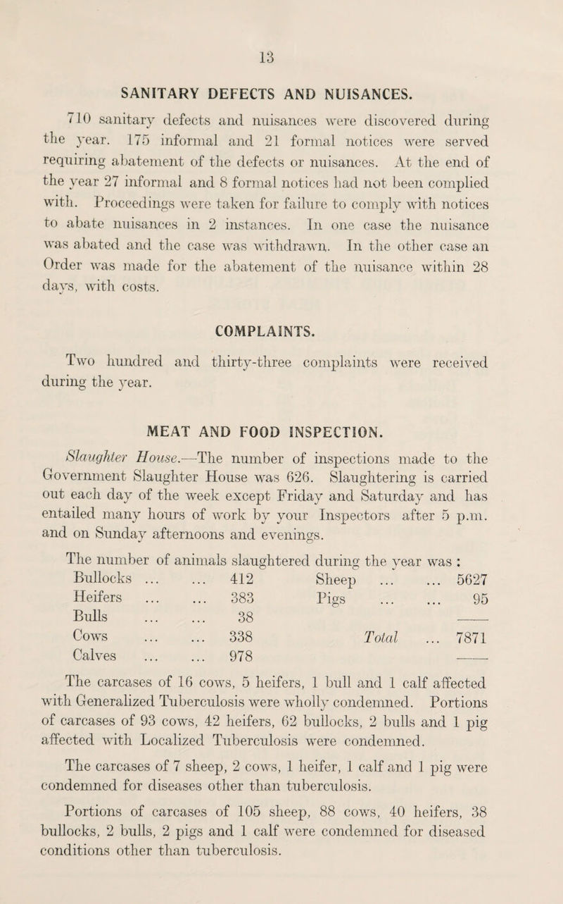 SANITARY DEFECTS AND NUISANCES. 710 sanitary defects and nuisances were discovered during the year. 175 informal and 21 formal notices were served requiring abatement of the defects or nuisances. At the end of the year 27 informal and 8 formal notices had not been complied with. Proceedings were taken for failure to comply with notices to abate nuisances in 2 instances. In one case the nuisance was abated and the case was withdrawn. In the other case an Order was made for the abatement of the nuisance within 28 days, with costs. COMPLAINTS. Two hundred and thirty-three complaints were received during the year. MEAT AND FOOD INSPECTION. Slaughter House.—The number of inspections made to the Government Slaughter House was 626. Slaughtering is carried out each day of the week except Friday and Saturday and has entailed many hours of work by your Inspectors after 5 p.m. and on Sunday afternoons and evenings. The number of animals slaughtered during the year was : Bullocks ... ... 412 Sheep ... 5627 Heifers ... 383 Pigs 95 Bulls 38 Cows ... 338 Total ... 7871 Calves ... 978 __ The carcases of 16 cows, 5 heifers, 1 bull and 1 calf affected with Generalized Tuberculosis were wholly condemned. Portions of carcases of 93 cows, 42 heifers, 62 bullocks, 2 bulls and 1 pig affected with Localized Tuberculosis were condemned. The carcases of 7 sheep, 2 cows, 1 heifer, 1 calf and 1 pig were condemned for diseases other than tuberculosis. Portions of carcases of 105 sheep, 88 cows, 40 heifers, 38 bullocks, 2 bulls, 2 pigs and 1 calf were condemned for diseased conditions other than tubercidosis.