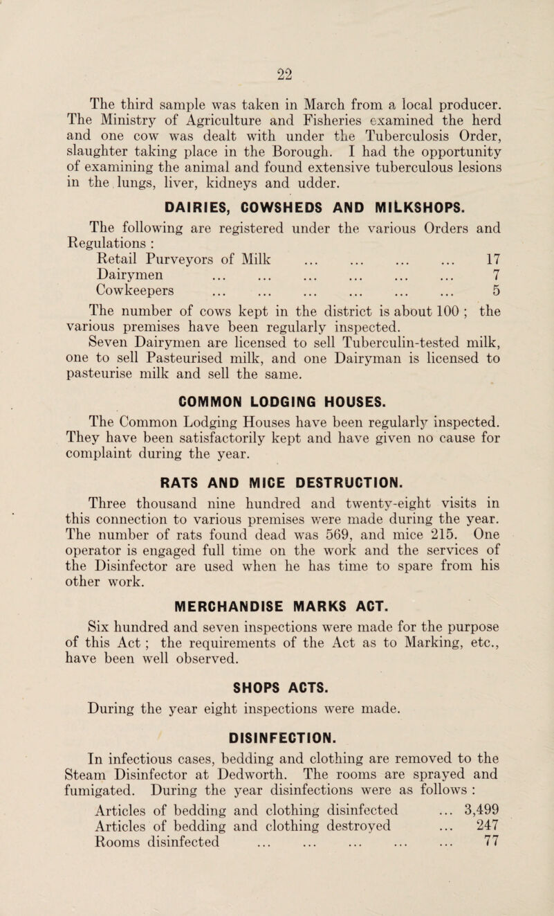 The third sample was taken in March from a local producer. The Ministry of Agriculture and Fisheries examined the herd and one cow was dealt with under the Tuberculosis Order, slaughter taking place in the Borough. I had the opportunity of examining the animal and found extensive tuberculous lesions in the lungs, liver, kidneys and udder. DAIRIES, COWSHEDS AND MlLKSHOPS. The following are registered under the various Orders and Regulations : Retail Purveyors of Milk ... ... ... ... 17 Dairymen . 7 Cowkeepers . 5 The number of cows kept in the district is about 100 ; the various premises have been regularly inspected. Seven Dairymen are licensed to sell Tuberculin-tested milk, one to sell Pasteurised milk, and one Dairyman is licensed to pasteurise milk and sell the same. COMMON LODGING HOUSES. The Common Lodging Houses have been regularly inspected. They have been satisfactorily kept and have given no cause for complaint during the year. RATS AND MICE DESTRUCTION. Three thousand nine hundred and twenty-eight visits in this connection to various premises were made during the year. The number of rats found dead was 569, and mice 215. One operator is engaged full time on the work and the services of the Disinfector are used when he has time to spare from his other work. MERCHANDISE MARKS ACT. Six hundred and seven inspections were made for the purpose of this Act ; the requirements of the Act as to Marking, etc., have been well observed. SHOPS ACTS. During the year eight inspections were made. DISINFECTION. In infectious cases, bedding and clothing are removed to the Steam Disinfector at Dedworth. The rooms are sprayed and fumigated. During the year disinfections were as follows : Articles of bedding and clothing disinfected ... 3,499 Articles of bedding and clothing destroyed ... 247 Rooms disinfected ... ... ... ... ... 77