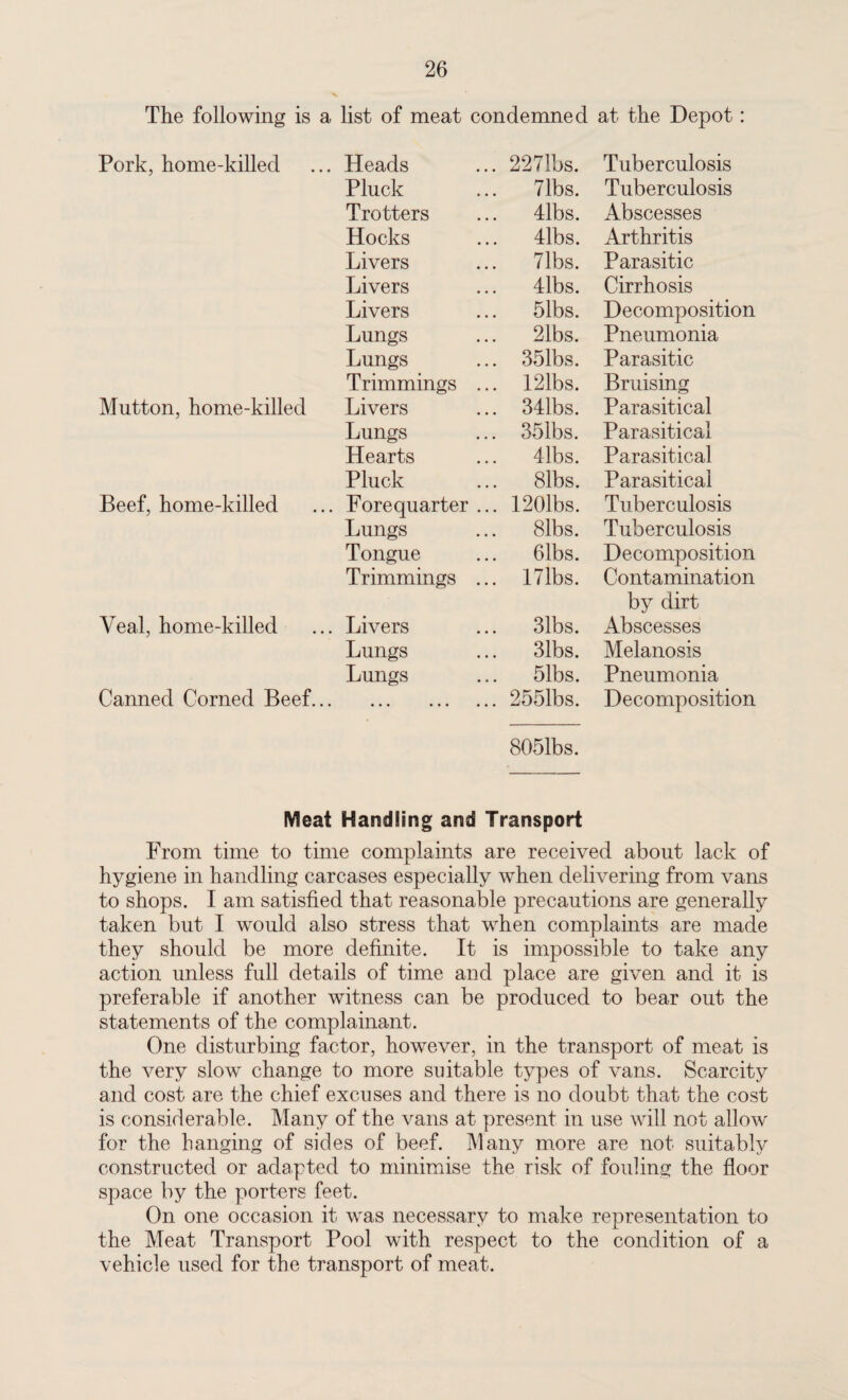 The following is a list of meat condemned at the Depot: Pork, home-killed Heads 2271bs. Tuberculosis Pluck 71bs. Tuberculosis Trotters 41bs. Abscesses Hocks 41bs. Arthritis Livers 7lbs. Parasitic Livers Mbs. Cirrhosis Livers 51bs. Decomposition Lungs 21bs. Pneumonia Lungs 351bs. Parasitic Trimmings ... 121bs. Bruising Mutton, home-killed Livers 3Mbs. Parasitical Lungs 35lbs. Parasitical Hearts Mbs. Parasitical Pluck 81bs. Parasitical Beef, home-killed Forequarter ... 1201bs. Tuberculosis Lungs 8lbs. Tuberculosis Tongue 61bs. Decomposition Trimmings ... 17lbs. Contamination by dirt Veal, home-killed Livers 31bs. Abscesses Lungs 31bs. Melanosis Lungs 51bs. Pneumonia Canned Corned Beef... ••• ••• ••• 2551bs. Decomposition 8051bs. Meat Handling and Transport From time to time complaints are received about lack of hygiene in handling carcases especially when delivering from vans to shops. I am satisfied that reasonable precautions are generally taken but I would also stress that when complaints are made they should be more definite. It is impossible to take any action unless full details of time and place are given and it is preferable if another witness can be produced to bear out the statements of the complainant. One disturbing factor, however, in the transport of meat is the very slow change to more suitable types of vans. Scarcity and cost are the chief excuses and there is no doubt that the cost is considerable. Many of the vans at present in use will not allow for the hanging of sides of beef. Many more are not suitably constructed or adapted to minimise the risk of fouling the floor space by the porters feet. On one occasion it was necessary to make representation to the Meat Transport Pool with respect to the condition of a vehicle used for the transport of meat.