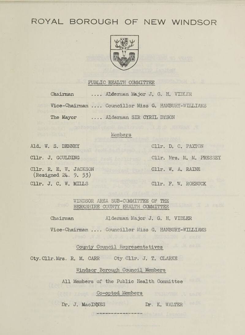 PUBLIC HEALTH COMMITTEE Chairman .... Alderman Major J. G. H. VIDLER Vice-Chairman_ Councillor Miss G. HANBURY-WII1IAMS The Mayor .... Alderman SIR CYRIL DYSON Members Aid. W. S. DENNEY Cllr. D. C. PAXTON Cllr. J. GOULDING Cllr. Mrs. M. Ml PRE33EY Cllr. R. E. W. JACKSON Cllr. W. K RAINE (Resigned 24. 9. 53) Cllr. J. C. W. MILLS Cllr. F. W. ROEBUCK WINDSOR AREA SUB-CCWMITTEE OP THE BERKSHIRE COUNTY HEALTH COMMITTEE Chairman Alderman Major J. G. H. VIDLER Vice-Chairman. .... Councillor Miss G. HANBURY-WIT.JiIAMS County Council Representatives Cty.Cllr.Mrs. R. M. CARR Cty.Cllr. J. T. CLARKE Y/indsor Borough Council Members All Members of the Public Health Committee Co-opted Members Dr. J. MacINffES Dr. K. WALTER