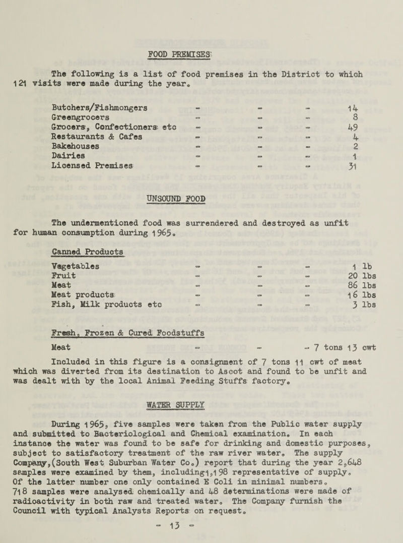 FOOD PREMISES' The following is a list of food premises in the District to which 121 visits were made during the year* Butchers/Fishmongers G-reengrocers Grocers, Confectioners', etc Restaurants & Cafes Bakehouses Dairies Licensed Premises 14 8 49 4 2 1 31 UNSOUND FOOD The undermentioned food was surrendered and destroyed as unfit for human consumption during 1 965» Canned Products Vegetables C9 ca 1 lb Fruit - CD - 20 lbs Meat «= — 86 lbs Meat products - CO 1 6 lbs Fish, Milk products etc CD - a 3 lbs Fresh, Frozen & Cured Foodstuffs Meat «=» - - 7 tons 13 cwt Included in this figure is a consignment of 7 tons 11 cwt of meat which was diverted from its destination to Ascot and found to be unfit and was dealt with by the local Animal Feeding Stuffs factory0 WATER SUPPLY During 19655 five samples were taken from the Public water supply and submitted to Bacteriological and Chemical examination* In each instance the water was found to be safe for drinking and domestic purposes, subject to satisfactory treatment of the raw river water* The supply Comparer,(South West Suburban Water Co*) report that during the year 2,648 samples were examined by them, includingi,i 98 representative of supply* Of the latter number one only contained E Coli in minimal numbers* 718 samples were analysed chemically and 48 determinations were made of radioactivity in both raw and treated water* The Company furnish the Council with typical Analysts Reports on request*