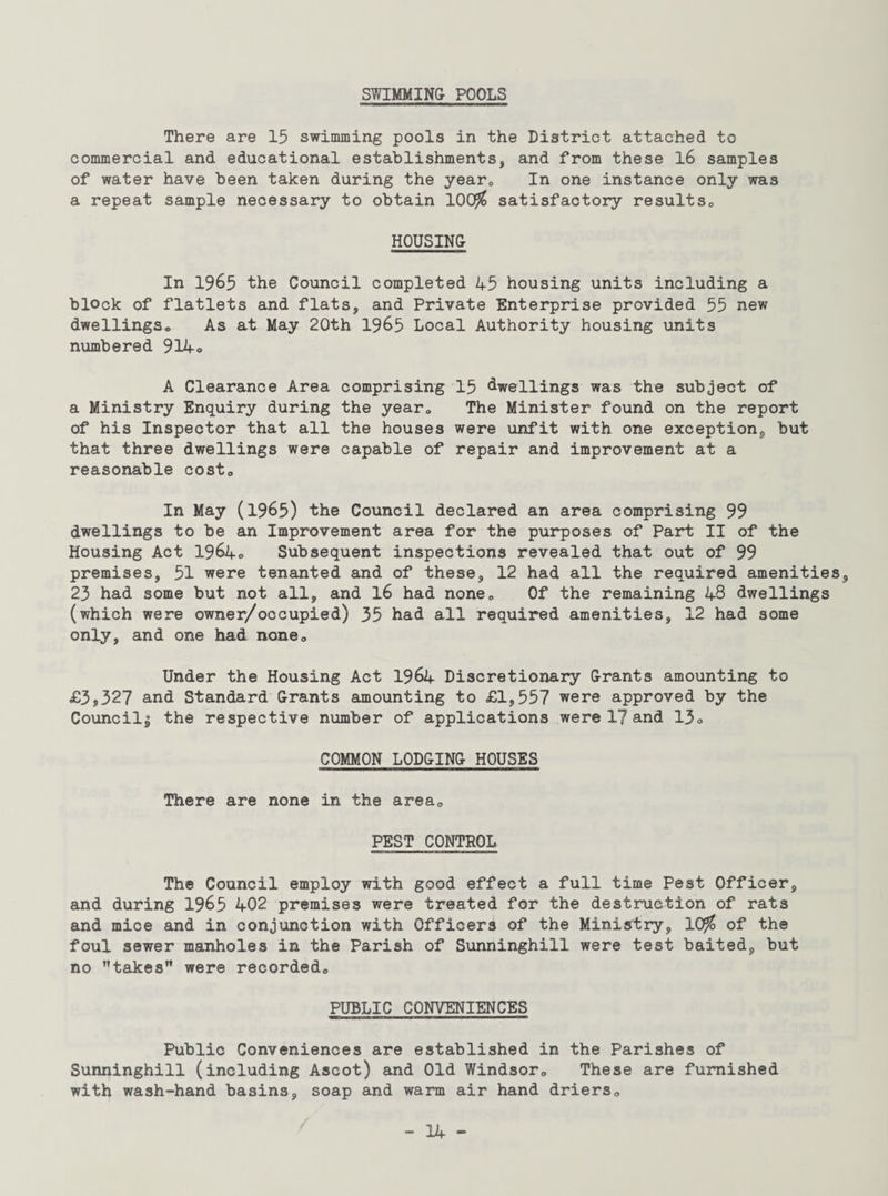 SWIMMING POOLS There are 15 swimming pools in the District attached to commercial and educational establishments, and from these 16 samples of water have been taken during the yearc In one instance only was a repeat sample necessary to obtain 10($ satisfactory resultsD HOUSING In 1965 the Council completed 45 housing units including a block of flatlets and flats, and Private Enterprise provided 55 new dwellings* As at May 20th 1965 Local Authority housing units numbered 914o A Clearance Area comprising 15 dwellings was the subject of a Ministry Enquiry during the year* The Minister found on the report of his Inspector that all the houses were unfit with one exception, but that three dwellings were capable of repair and improvement at a reasonable cost* In May (1965) 'the Council declared an area comprising 99 dwellings to be an Improvement area for the purposes of Part II of the Housing Act 196Ao Subsequent inspections revealed that out of 99 premises, 51 were tenanted and of these, 12 had all the required amenities, 23 had some but not all, and 16 had none* Of the remaining 48 dwellings (which were owner/occupied) 35 had all required amenities, 12 had some only, and one had none* Under the Housing Act 1964 Discretionary Grants amounting to £3*327 and Standard Grants amounting to £1,557 were approved by the Council^ the respective number of applications were 1? and 13* COMMON LODGING HOUSES There are none in the area* PEST CONTROL The Council employ with good effect a full time Pest Officer, and during 1965 402 premises were treated for the destruction of rats and mice and in conjunction with Officers of the Ministry, 10$ of the foul sewer manholes in the Parish of Sunninghill were test baited, but no takes were recorded* PUBLIC CONVENIENCES Public Conveniences are established in the Parishes of Sunninghill (including Ascot) and Old Windsor* These are furnished with wash-hand basins, soap and warm air hand driers*