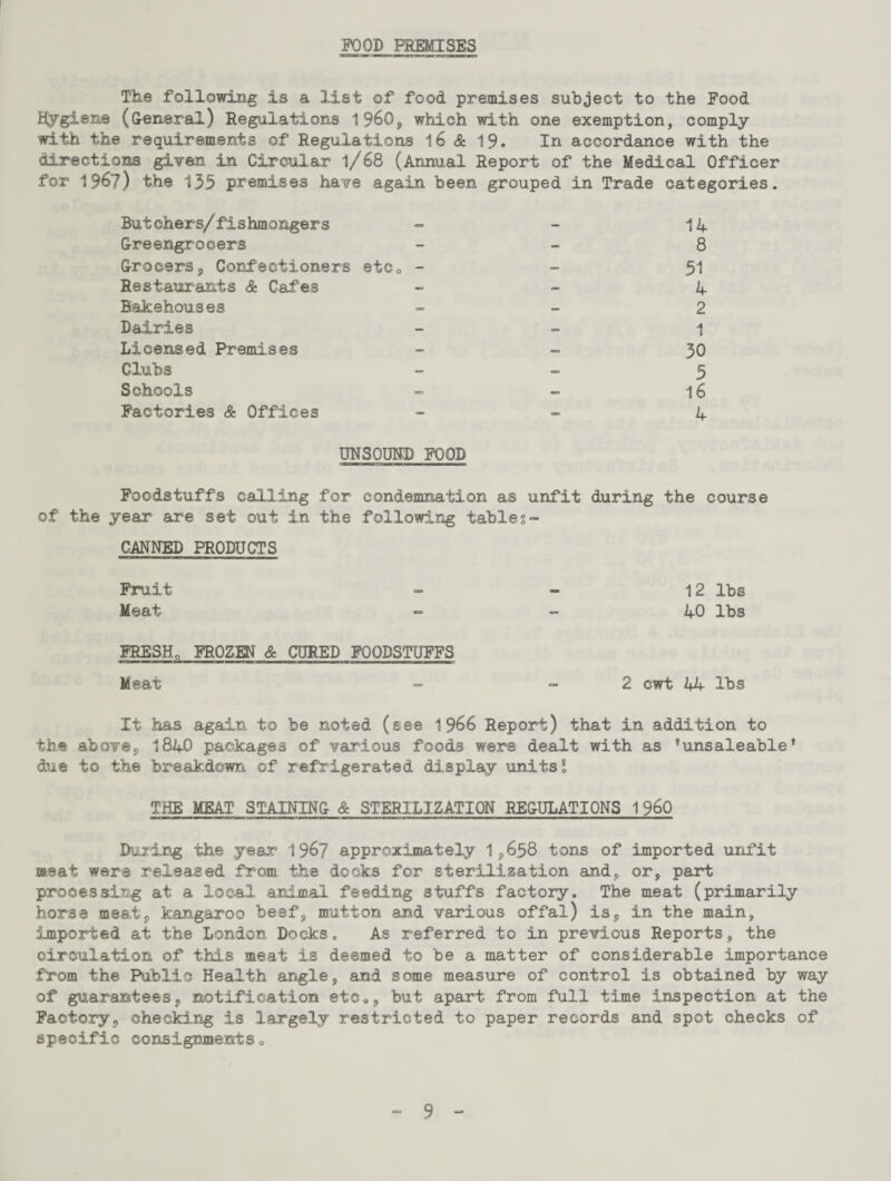 POOD PREMISES The following is a list of food premises subject to the Food Hygiene (General) Regulations I960, which with one exemption, comply with the requirements of Regulations 16 & 19. In accordance with the directions given in Circular 1/68 (Annual Report of the Medical Officer for 1967) the 135 premises have again been grouped in Trade categories. Butchers/fishmongers - - 14 Greengrocers - 8 Grocers, Confectioners etc0 - - 51 Restaurants & Cafes 4 Bakehouses 2 Dairies 1 Licensed Premises 30 Clubs 5 Schools - - 16 Factories & Offices 4 UNSOUND FOOD «PTM|-| ■HT1M-I 1——MC Foodstuffs calling for condemnation as unfit during the course of the year are set out in the following tables- CANNED PRODUCTS Fruit Meat FRESH, FROZEN & CURED FOODSTUFFS Meat - -2 cwt 44 lbs It has again to be noted (see 1966 Report) that in addition to the above, 1840 packages of Yarious foods were dealt with as 'unsaleable* due to the breakdown of refrigerated display unitsl THE MEAT STAINING & STERILIZATION REGULATIONS 1960 During the year 1967 approximately 1,658 tons of imported unfit meat were released from the docks for sterilization and, or, part processing at a local animal feeding stuffs factory. The meat (primarily horse meat, kangaroo beef, mutton and various offal) is, in the main, imported at the London Docks. As referred to in previous Reports, the circulation of this meat is deemed to be a matter of considerable importance from the Public Health angle, and some measure of control is obtained by way of guarantees, notification etc., but apart from full time inspection at the Factory, checking Is largely restricted to paper records and spot checks of specific consignmentso 12 lbs 40 lbs