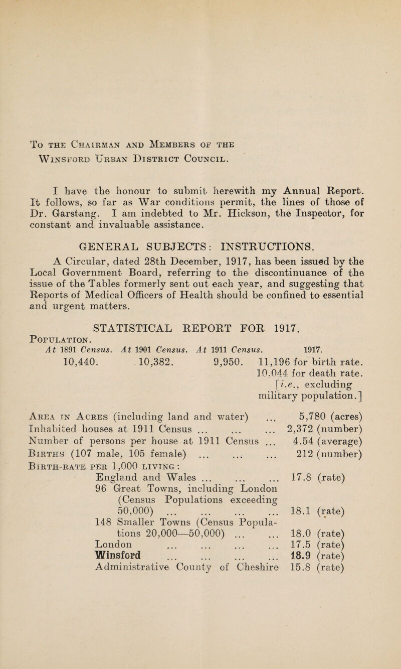 To the Chairman and Members of the Winsford Urban District Council. I have the honour to submit herewith my Annual Report. It follows, so far as War conditions permit, the lines of those of Dr. Garstang. I am indebted to Mr. Hickson, the Inspector, for constant and invaluable assistance. GENERAL SUBJECTS: INSTRUCTIONS. A Circular, dated 28th December, 1917, has been issued by the Local Government Board, referring to the discontinuance of the issue of the Tables formerly sent out each year, and suggesting that Reports of Medical Officers of Health should be confined to essential and urgent matters. STATISTICAL REPORT FOR 1917. Population. At 1891 Census. At 1901 Census. At 1911 Census. 1917. 10,440. 10,382. 9,950. 11,196 for birth rate. 10.044 for death rate. [i.e., excluding military population.] Area in Acres (including land and water) Inhabited houses at 1911 Census ... Number of persons per house at 1911 Census ... Births (107 male, 105 female) Birth-rate per 1,000 living: England and Wales ... 96 Great Towns, including London (Census Populations exceeding 50,000) . 148 Smaller Towns (Census Popula¬ tions 20,000—50,000) ... London Winsford . Administrative County of Cheshire 5,780 (acres) 2,372 (number) 4.54 (average) 212 (number) 17.8 (rate) 18.1 (rate) 18.0 (rate) 17.5 (rate) 18.9 (rate) 15.8 (rate)