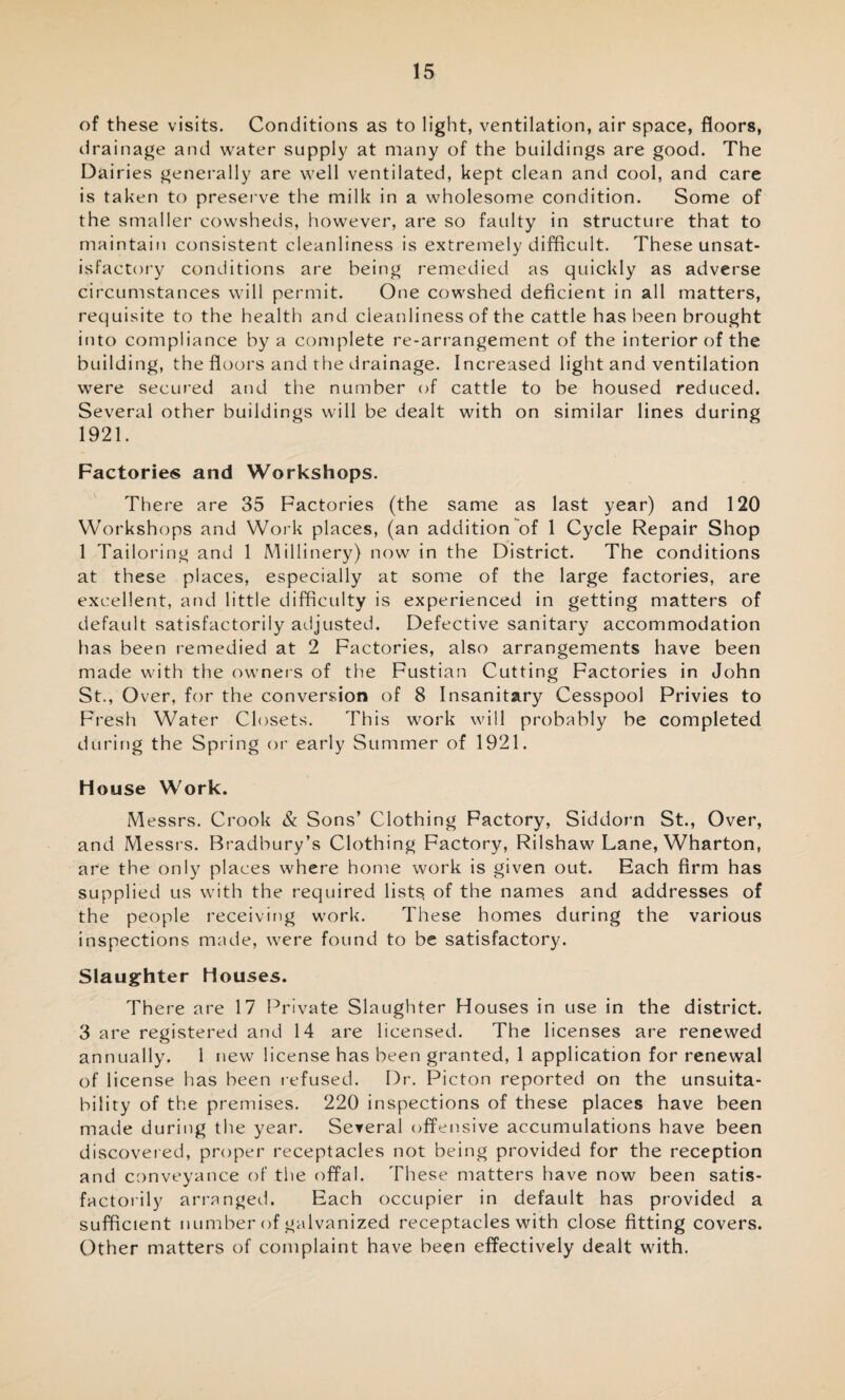 of these visits. Conditions as to light, ventilation, air space, floors, drainage and water supply at many of the buildings are good. The Dairies generally are well ventilated, kept clean and cool, and care is taken to preserve the milk in a wholesome condition. Some of the smaller cowsheds, however, are so faulty in structure that to maintain consistent cleanliness is extremely difficult. These unsat¬ isfactory conditions are being remedied as quickly as adverse circumstances will permit. One cowshed deficient in all matters, requisite to the health and cleanliness of the cattle has been brought into compliance by a complete re-arrangement of the interior of the building, the floors and the drainage. Increased light and ventilation were secured and the number of cattle to be housed reduced. Several other buildings will be dealt with on similar lines during 1921. Factories and Workshops. There are 35 Factories (the same as last year) and 120 Workshops and Work places, (an addition of 1 Cycle Repair Shop 1 Tailoring and 1 Millinery) now in the District. The conditions at these places, especially at some of the large factories, are excellent, and little difficulty is experienced in getting matters of default satisfactorily adjusted. Defective sanitary accommodation has been remedied at 2 Factories, also arrangements have been made with the owners of the Fustian Cutting Factories in John St., Over, for the conversion of 8 Insanitary Cesspool Privies to Fresh Water Closets. This work will probably be completed during the Spring or early Summer of 1921. House Work. Messrs. Crook & Sons’ Clothing Factory, Siddorn St., Over, and Messrs. Bradbury’s Clothing Factory, Rilshaw Lane, Wharton, are the only places where home work is given out. Each firm has supplied us with the required lists of the names and addresses of the people receiving work. These homes during the various inspections made, were found to be satisfactory. Slaughter Houses. There are 17 Private Slaughter Houses in use in the district. 3 are registered and 14 are licensed. The licenses are renewed annually. 1 new license has been granted, 1 application for renewal of license has been refused. Dr. Picton reported on the unsuita¬ bility of the premises. 220 inspections of these places have been made during the year. Several offensive accumulations have been discovered, proper receptacles not being provided for the reception and conveyance of the offal. These matters have now been satis¬ factorily arranged. Each occupier in default has provided a sufficient number of galvanized receptacles with close fitting covers. Other matters of complaint have been effectively dealt with.