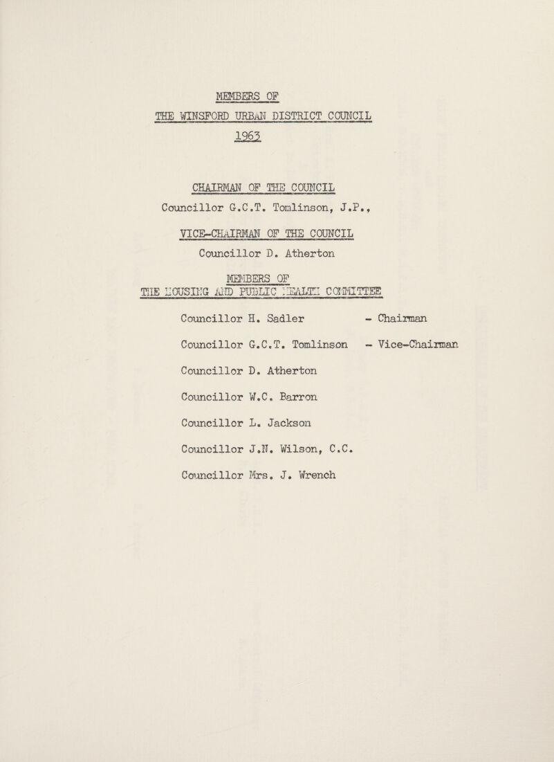 MEMBERS OP THE WINSFOSD URBAN DISTRICT COUNCIL 1965 CHAIRMAN OF THE COUNCIL Councillor G.C.T. Tomlinson, J«P.f VICE-CHAIRMAN OF THE COUNCIL Councillor D. Atherton MEMBERS OF THE HOUSING MID PUBLIC IHSALE CffiMITTEE Councillor H. Sadler - Chairman Councillor G.C.T, Tomlinson - Vice-Chairman Councillor D. Atherton Councillor W.C. Barron Councillor L. Jackson Councillor J.N. Wilson, C.C, Councillor Mrs. J. Wrench