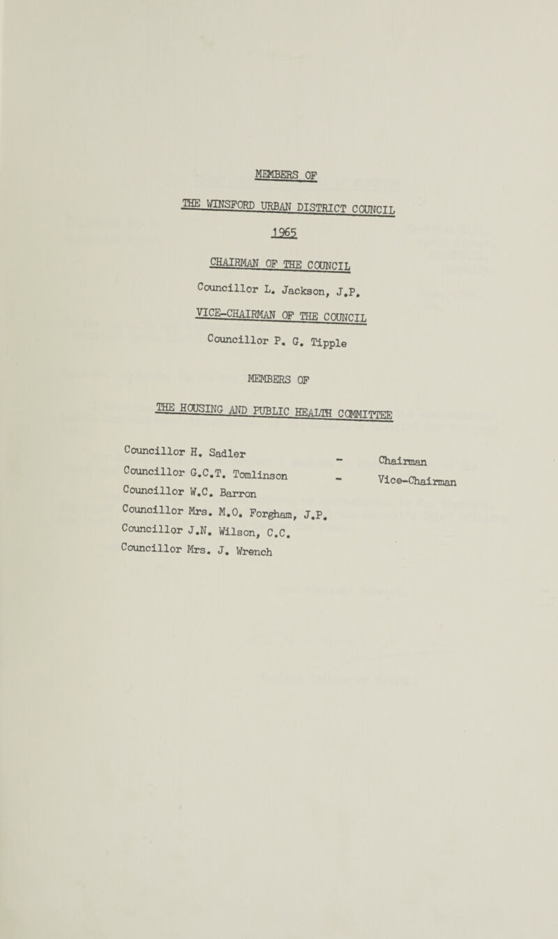 MEMBERS OF 12S5. chairman of the cnriNciL Councillor L. Jackson, J.P, VICE-CHAIRMAN OF THE CQtTHOTT. Councillor P. G. Tipple MEMBERS OP Councillor H. Sadler Councillor G.C.T. Tomlinson Councillor W.C. Barron Councillor Mrs. M.O. Forgham, J.P. Councillor J.N. Wilson, C.C. Councillor Mrs. J. Wrench Chairman Vice-Chairman