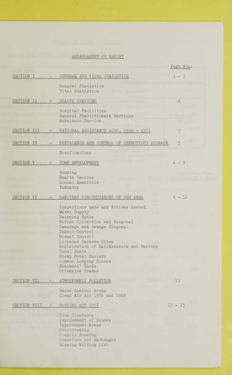 ARRANGEMENT OF REPORT SECTION I - GENERAL AND VITAL STATISTICS General Statistics Vital Statistics SECTION II _- HEALTH SERVICES Page Nos. 1-3 4 Hospital Facilities General Practitioners Services Ambulance Service SECTION III - NATIONAL ASSISTANCE ACTS, 1948 - 1931 5 SECTION IV - PREVALENCE AND CONTROL OF INFECTIOUS DISEASE 5 Notifications SECTION V - TOWN DEVELOPMENT . 6-7 Housing Health Centres Social Amenities Industry SECTION VI - SANITARY CIRCUMSTANCES OF THE AREA 8-12 Inspections made and Notices issued Water Supply Swimming Baths Refuse Collection and Disposal Sewerage and Sewage Disposal Insect Control Rodent Control Licensed Caravan Sites Registration of Hairdressers and Barbers Canal Boats Scrap Metal Dealers Common Lodging Houses Knackers' Yards Offensive Trades SECTION VII - ATMOSPHERIC POLLUTION 13 Smoke Control Areas Clean Air Act 1956 and 1968 SECTION VIII - HOUSING ACT 1957 13 - 15 Slum Clearance Improvement of Houses Improvement Areas Overcrowding Council Housing Transfers and Exchanges Housing Waiting List