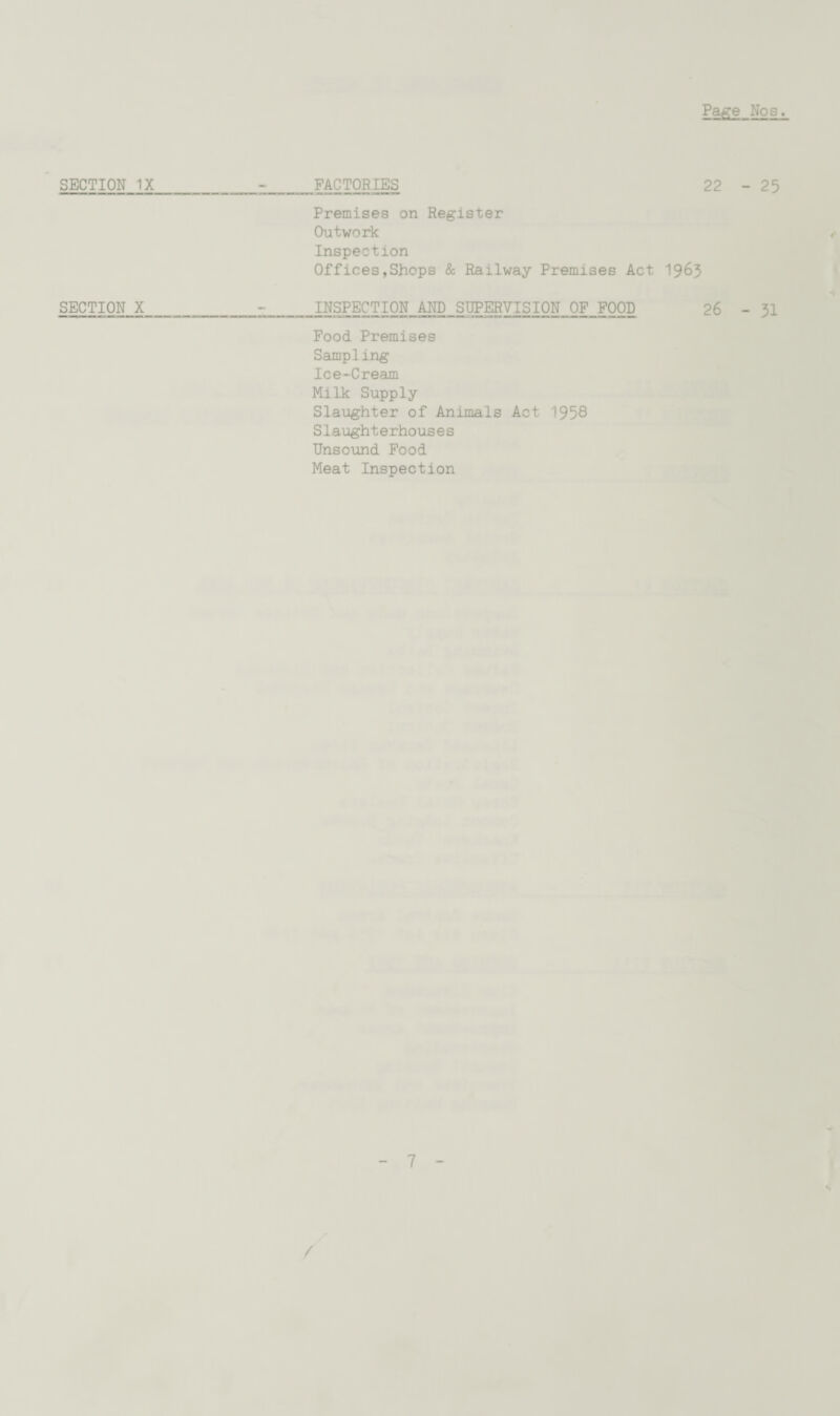Premises on Register Outwork Inspection Offires,Shops & Railway Premises Act 1963 SECTION X - INSPECTION AND SUPERVISION OF FOOD Food Premises Sampling Ice-Cream Milk Supply Slaughter of Animals Act 1958 Slaught e rhous e s Unsound Food Meat Inspection 26 - 51