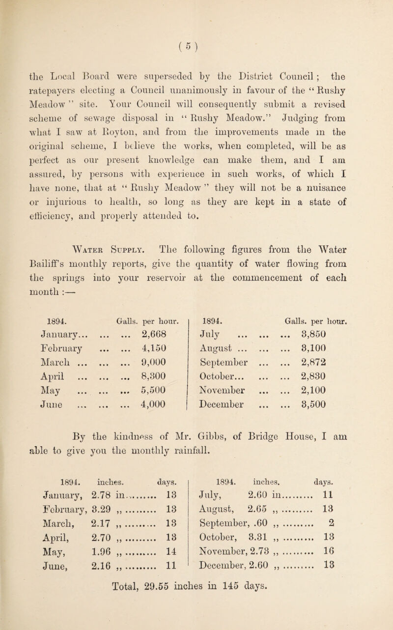 the Local Board were superseded by the District Council ; the ratepayers electing a Council unanimously in favour of the “ Rushy Meadow ” site. Your Council will consequently submit a revised scheme of sewage disposal in “ Rushy Meadow.” Judging from what I saw at Roy ton, and from the improvements made in the original scheme, I believe the works, when completed, will be as perfect as our present knowledge can make them, and I am assured, by persons with experience in such works, of which I have none, that at “ Rushy Meadow ” they will not be a nuisance or injurious to health, so long as they are kept in a state of efficiency, and properly attended to. Water Supply. The following figures from the Water Bailiff’s monthly reports, give the quantity of water flowing from the springs into your reservoir at the commencement of each month :— 1894. Galls, per hour. i 1894. Galls, per hour. January... . 2,668 July . ... 3,850 F ebruary . 4,150 August. ... 3,100 March ... . 9,000 September ... ... 2,872 April . 8,300 October. ... 2,830 May . 5,500 November ... 2,100 June . 4,000 December ... 3,500 By the kindness of Mr . Gibbs, of Bridge House, I am able to give you the monthly rainfall. 1894. inches. days. 1894. inches. days. January, 2.78 in.,... .... 13 July, 2.60 in_ .... 11 February, 3.29 „. .... 13 August, 2.65 ,, ..... .... 13 March. 2.17 .. .... 13 September, .60 ,,_ . 2 Anril. 2.70 . .... 13 October, 3.31 ,, .... ..... 13 Mav 1.96 . .... 14 November, 2.73 ,, .... . 16 June, 2.16 „. .... 11 December, 2.60 ,,_ . 13 Total, 29.55 inches in 145 days.