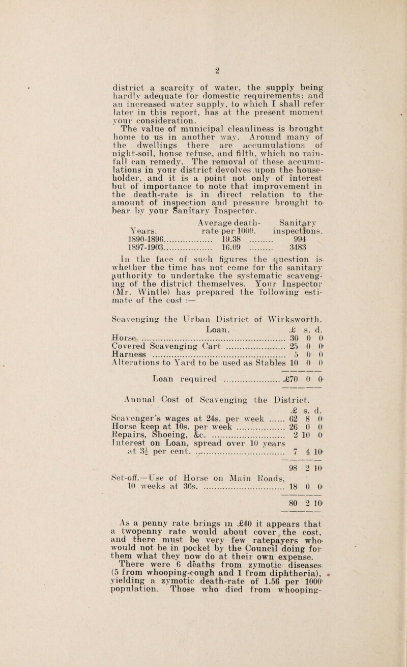 district a scarcity of water, the supply being liardly adequate for domestic requirements; and an increased water supply, to which I shall refer later in this report, has at the present moment your consideration. The value of municipal cleanliness is brought home to us in another way. Around many of the dwellings there are accumulations of night-soil, house refuse, and filth, which no rain¬ fall can remedy. The removal of these accumu¬ lations in your district devolves upon the house¬ holder, and it is a point not only of interest but of importance to note that improvement in the death-rate is in direct relation to the amount of inm^ection and pressure brought te bear by your Sanitary Tnsi)ector. Average deaih- Sanitary Years. rate per 1000. inspections. 1S90-1896. 19.38 . 994 1897-1903. 10.09 . 3483 In the face of sur-h figures the question is whether the time has not come for the sanitary iiuthority to undertake the systematic scaveng¬ ing of the district themselves. Your Inspector (Mi‘. Wintle) has prepared the following esti¬ mate of the cost : — Scavenging the Urban District of ^Yirksworth. Loan. <k s. d. Horse . 30 0 0 Covered Scavenging Cart . 25 0 0’ Harness . 5 0 0 Alterations to Yard to be used as Stables 10 0 0 Loan required .£70 0 O' -Annual Cost of Scavenging the District. £ s. d. Scavenger’s wages at 24s. per week . 62 8 0 Horse keep at 10s. pei- week . 26 0 0 Kepairs, Shoeing, &c. 2 10 0 Interest on Loan, spread over 10 years at 34 per cent. .. 7 4 10’ 98 2 10 Set-off.—Use of Horse on Main Loads, 10 weeks at 36s. 18 0 0 80 2 lO- As a penny rate brings in ^840 it appears that a twopenny rate would about cover the cost, and there must be very few ratepayers who' would not be in pocket by the Council doing for them what they now do at their own expense. There were 6 deaths from zymotic diseases (5 from whooping-cough and 1 from diphtheria), • yielding a zymotic death-rate of 1.56 per 1000’ population. Those who died from whooping-