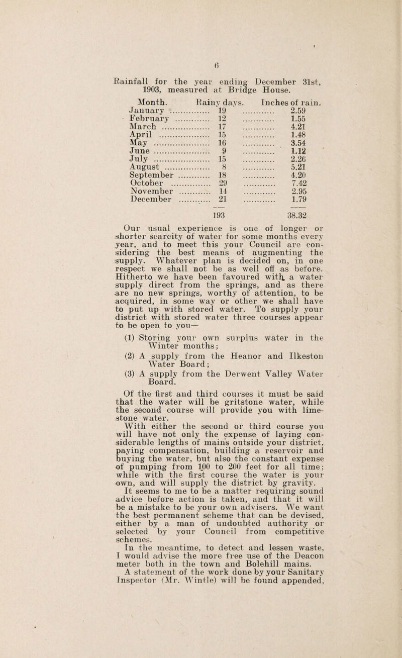() Rainfall for the year ending December 31st, 1903, measured at Bridge House, Month. Rainy days. Inches of rain January . . 19 . 2.59 February .... . 12 . 1.55 March . . 17 . 4.21 April . . 15 . 1.48 May . . 16 . 3.54 June . . 9 . 1.12 July . . 15 . 2.26 August . . 8 . .5,21 September ... . 18 . 4.20 October . . 29 . 7.42 November .. . 14 . 2.95 December .. . 21 . 1.79 193 38.32 Our usual experience is one of longer or shorter scarcity of water for some months every year, and to meet this your Council are con¬ sidering the best means of augmenting the supply. Whatever plan is decided on, in one respect we shall not be as well off as before. Hitherto we have been favoured with, a water supply direct from the springs, and as there are no new springs, vmrthj' of attention, to be acquired, in some way or other we shall have to put up with stored water. To supply your district with stored water three courses appear to be open to you— (1) Storing your own surplus water in the Winter months; (2) A supply from the Heanor and Ilkeston Water Board; (3) A supply from the Derwent Valley Water Board. Of the first and third courses it must be said that the water will be gritstone water, while the second course will provide you with lime¬ stone water. With either the second or third course 5mu will have not only the expense of laying con¬ siderable lengths of mains outside your district, paying compensation, building a reservoir and buying the water, but also the constant expense of pumping from IjlO to 200 feet for all time; while with the first course the water is your own, and will supply the district by gravity. It seems to me to be a matter requiring sound advice before action is taken, and that it will be a mistake to be your own advisers. We want the best permanent scheme that can be devised, either by a man of undoubted authority or selected by your Council from competitive schemes. In the meantime, to detect and lessen waste, I would advise the more free use of the Deacon meter both in the town and Bolehill mains. A statement of the work done by your Sanitary Inspector (Mr. Wintle) will be found appended.