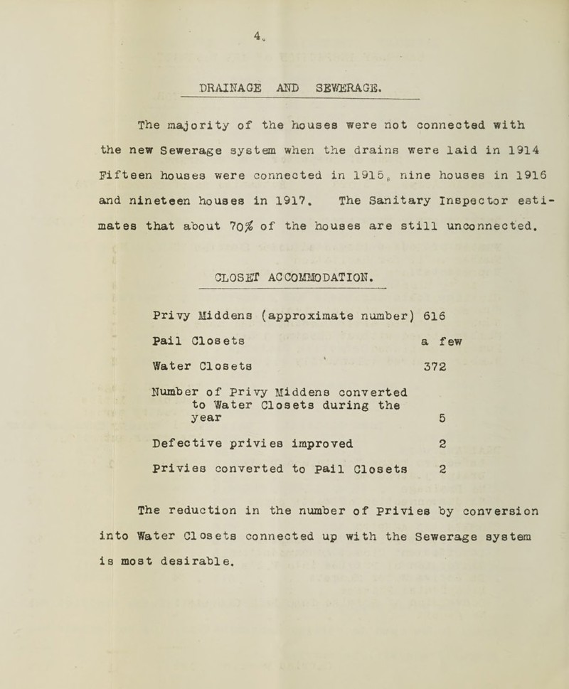 _DRAINAGE AND SEWERAGE. The majority of the houses were not connected with the new Sewerage system when the drains were laid in 1914 Fifteen houses were connected in 1915fl nine houses in 1916 and nineteen houses in 1917. The Sanitary Inspector esti mates that about of the houses are still unconnected. closet accommodation. Privy Middens (approximate number) 616 Pail Closets a few % Water Closets 372 Number of Privy Middens converted to Water Closets during the year 5 Defective privies improved 2 privies converted to Pail Closets 2 The reduction in the number of privies by conversion into Water Closets connected up with the Sewerage system is most desirable.