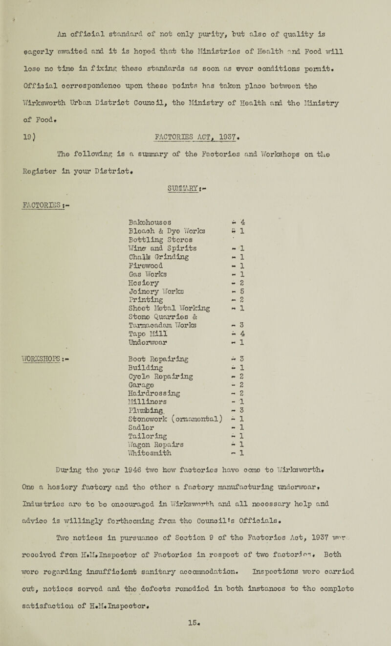 p An official standard of not only purity, but also of quality is eagerly awaited and it is hoped that the Ministries of Health and Pood will lose no time in fixing these standards as soon as wer conditions permit* Official correspondence upon these points has taken plaoe between the Yfirksworth Urban District Council, the Ministry of Health and the Ministry of Food* 19) FACTORIES ACT, 1957* The following is a summary of the Factories and Yforkshops on the Register in your District# SUMMARY FACTORIES j- Bakehouses - 4 Bloach & Dye Yforks * 1 Bottling Stores * Yfiner and Spirits *• 1 Chalk Grinding - 1 Firewood - 1 Gas Works - 1 Hosiery - 2 Joinery Works - 5 Printing - 2 Sheet Metal Yforking « 1 Stone Quarries & Tarmaoadam Yforks - 3 Tape Mill *• 4 Undorwoar •* 1 WORKSHOPS Boot Repairing - 3 Building - 1 Cyole Repairing **• 2 Garage - 2 Hairdressing - 2 Milliners - 1 Plumbing. - 3 Stonework (ornamental) - 1 Sadler ~ 1 Tailoring - 1 Yfagon Repairs - 1 YJhite smith * 1 During tho yoar 1946 two how factories havo oomo to Yfirksworth# One a hosiery factory and tho other a factory manufacturing undorwoar# Industries aro to bo enoouragod in Yfirksworth and all nooossary help and advioo is willingly forthcoming from tho Council*s Officials. Two notices in pursuance of Section 9 of tho Factories Aot, 1937 wnr reooivod from H»M#Inspector of Factories in rospoot of two faotor^oT, Both wero regarding insufficient sanitary accommodation. Inspootion3 woro carried out, notioos sorvod and tho dofoots romodiod in both instanoos to tho oomploto satisfaction of H#M#Inspootor# 15.