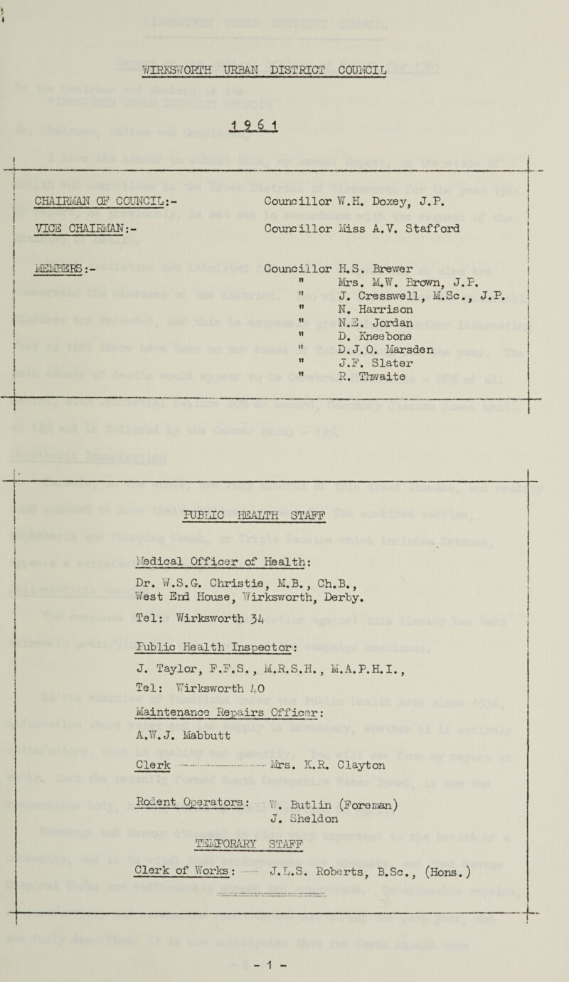 19 6 1 CHAIRMAN OF COUNCILCouncillor W.H, Doxey, J.P. VICE CHAIRMAN:- Councillor Miss A.V. Stafford MEMBERS:- Councillor H.S. Brewer i 11 Mrs. M.W. Brown, J.P.  J. Cresswell, M.Sc., J.P. ” N. Harrison ! 11 N.E. Jordan M D. Knee Bone M D.J.0. Marsden  J.P. Slater ” R. Thwaite PUBLIC HEALTH STAFF Medical Officer of Health: Dr. W.S.G-. Christie, M.B., Ch.B., West End House, Wirksworth, Derby. Tel: V/irksworth 34 Public Health Inspector: J. Taylor, P.P.S. , M.R.S.H., M.A.P.H.I., Tel: Wirksworth 40 Maintenance Repairs Officer: A.W. J. Mabbutt Clerk ..Mrs. K.R. Clayton Rodent Operators; ■ , Butlin (Foreman) J. Sheldon TEMPORARY STAFF Clerk of Works: J.L.S. Roberts, B.Sc., (Hons.)