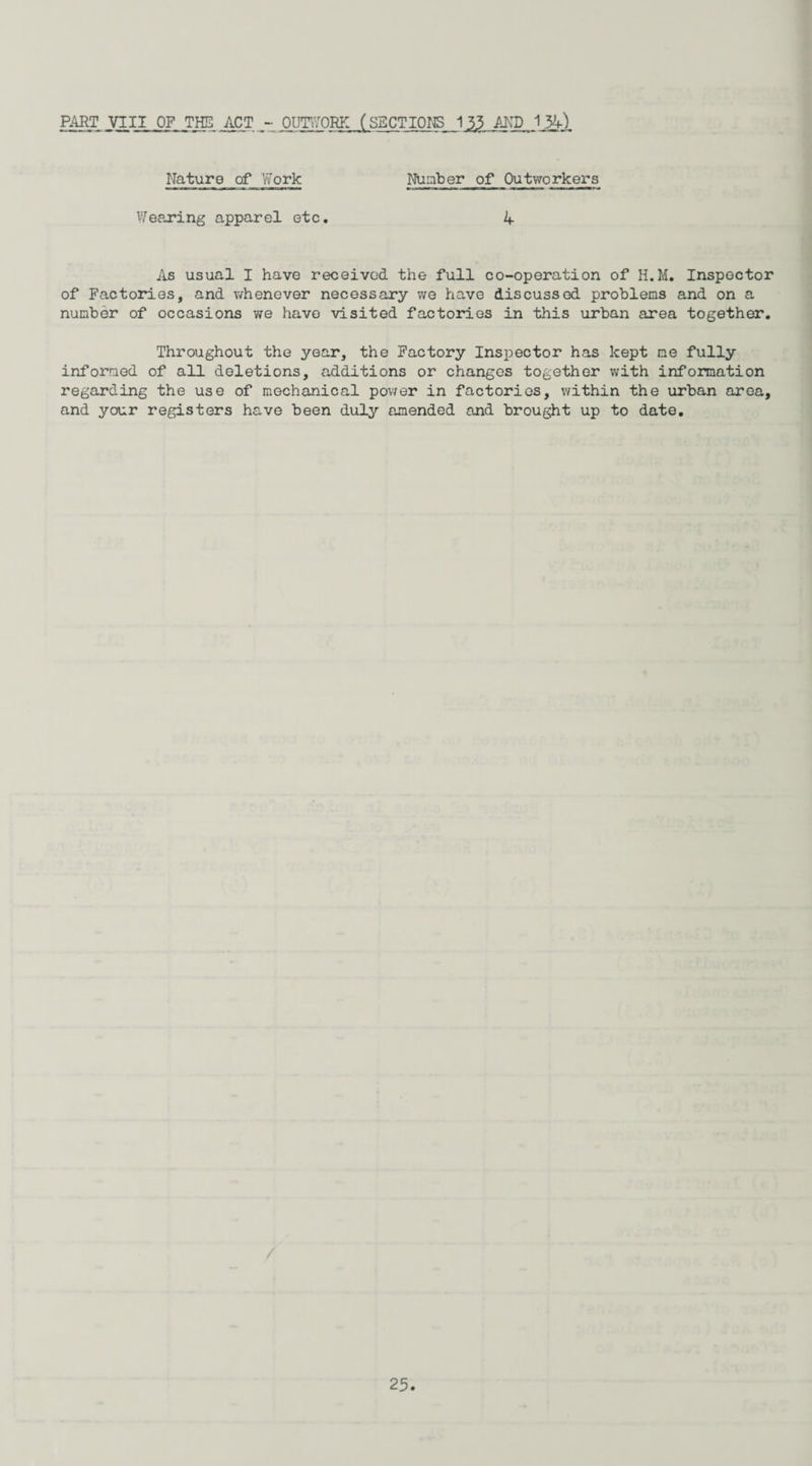 PART VIII OF THE ACT OUTWORK (SECTIONS 13? AND 1134). Nature of Work Number of Outworkers Wearing apparel etc. 4 As usual I have received the full co-operation of H.M. Inspector of Factories, and whenever necessary we have discussed problems and on a number of occasions we have visited factories in this urban area together. Throughout the year, the Factory Inspector has kept me fully informed of all deletions, additions or changes together with information regarding the use of mechanical power in factories, within the urban area, and your registers have been duly amended and brought up to date.