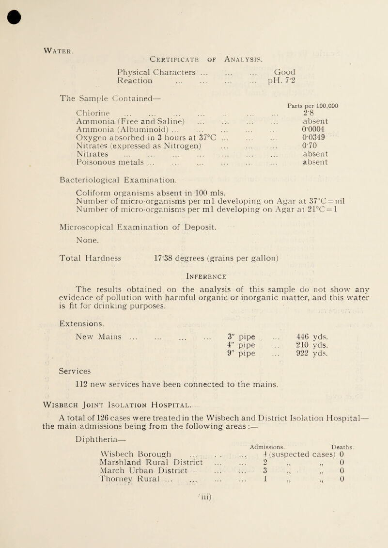 Water. Certificate of Analysis. Physical Characters ... ... ... Good Reaction ... ... ... ... pH. 7*2 The Sample Contained— Parts per 100,000 Chlorine ... ... ... ... .. ... ... 2'8 Ammonia (Free and Saline) ... ... ... ... absent Ammonia (Albuminoid) ... ... ... ... .. 0*0004 Oxygen absorbed in 3 hours at 37°C ... ... ... 0*0349 Nitrates (expressed as Nitrogen) ... ... ... 070 Nitrates ... ... ... ... ... ... ... absent Poisonous metals ... ... ... ... ... ... absent Bacteriological Examination. Coliform organisms absent in 100 mis. Number of micro-organisms per ml developing on Agar at 37°C = nil Number of micro-organisms per ml developing on Agar at 21°C = 1 Microscopical Examination of Deposit. None. Total Hardness 17*38 degrees (grains per gallon) Inference The results obtained on the analysis of this sample do not show any evidence of pollution with harmful organic or inorganic matter, and this water is fit for drinking purposes. • ! j ; j* /'• . ; I ■ • • Extensions. New Mains ... ... ... ... 3 pipe ... 446 yds. 4 pipe ... 210 yds. 9 pipe ... 922 yds. Services 112 new services have been connected to the mains. Wisbech Joint Isolation Hospital. A total of 126 cases were treated in the Wisbech and District Isolation Hospital— the main admissions being from the following areas :— Diphtheria— Wisbech Borough Marshland Rural District March Urban District Thorney Rural ... Admissions. Deaths. 4 (suspected cases) 0 2 „ 0 3 0 1 0