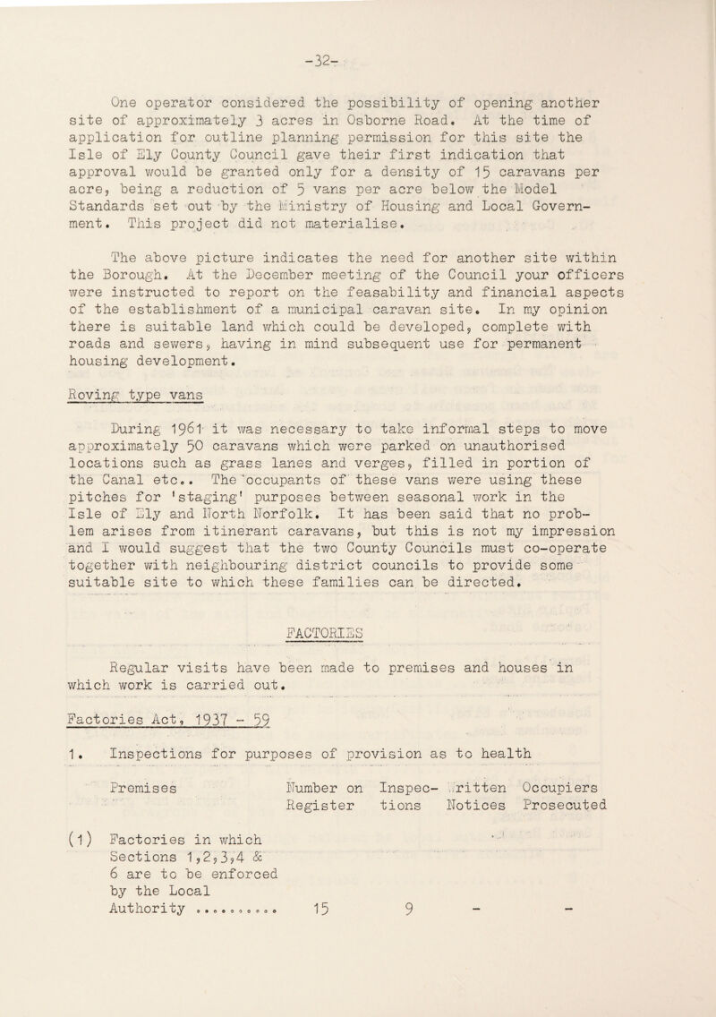 One operator considered the possibility of opening another site of approximately 3 acres in Osborne Road. At the time of application for outline planning permission for this site the Isle of Ely County Council gave their first indication that approval would be granted only for a density of 15 caravans per acre? being a reduction of 5 vans per acre below the Model Standards set out by the Ministry of Housing and Local Govern¬ ment. This project did not materialise. The above picture indicates the need for another site within the Borough. At the December meeting of the Council your officers were instructed to report on the feasability and financial aspects of the establishment of a municipal caravan site. In my opinion there is suitable land which could be developed? complete with roads and sewers? having in mind subsequent use for permanent housing development. Roving type vans During 1961- it was necessary to take informal steps to move approximately 50 caravans which were parked on unauthorised locations such as grass lanes and verges? filled in portion of the Canal etc.. Theoccupants of these vans were using these pitches for 'staging' purposes between seasonal work in the Isle of Ely and North Norfolk. It has been said that no prob¬ lem arises from itinerant caravans? but this is not my impression and I would suggest that the two County Councils must co-operate together with neighbouring district councils to provide some suitable site to which these families can be directed. FACTORIES Regular visits have been made to premises and houses in which work is carried out. Factories Act, 1937 - 59 1. Inspections for purposes of provision as to health Premises Number on Inspec- .ritten Occupiers Register tions Notices Prosecuted (l) Factories in which Sections 1,2*3/4 & 6 are to be enforced by the Local