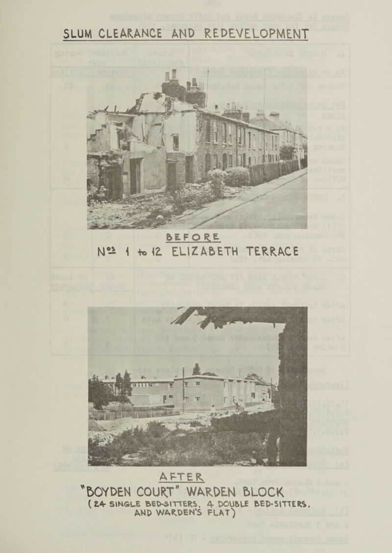 SLUM CLEARANCE AND REDEVELOPMENT 6EFORE N*-* \ ELIZABETH TERRACE AFTER *BOY DEN COURT” WARDEN BLOCK (24-S1N&LE BED-SITTERS, 4 DOUBLE BED-SITTERS, AND WARDEN’S FLAT)