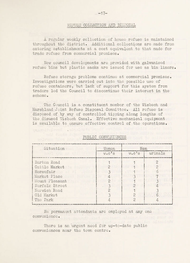 -17- REEUSE COLLECTION AND DISPOSAL A regular weekly collection of house refuse is maintained throughout the district-. Additional collections are made from catering establishments at a cost equivalent to that made for trade refuse from commercial premises* Row council developments are provided with galvanised refuse bins but plastic sacks arc issued for use as bin liners. Refuse storage problems continue at commercial premises. Investigations were carried out into the possible use of refuse containers9 but lack of support for this system from traders led the Council to discontinue their interest in the scheme. The Council is a constituent member of the Wisbech and Marshland Joint Refuse Disposal Committee. All refuse is disposed of by way of controlled tipping along lengths of the disused Wisbech Canal. Effective mechanical equipment, is available to ensure effective control of the operations. PUBLIC CONVENIENCES i - , Situation -, Women Men a o —• CQ i w.c ’ s urinals A Barton Road r 1 1 1 1 2 Cattle Market 2 1 2 Horsefair 3 1 6 Market Place 4 3 7 Mount Pleasant 2 1 3 Rorfolk Street 3 2 : 4 Norwich Road 2 1 3 Old Market 3 2 6. . The Park 4 2 4 Ro permanent attendants, are employed at any one convenience. There is an urgent need for up-to-date public conveniences near the town centre.
