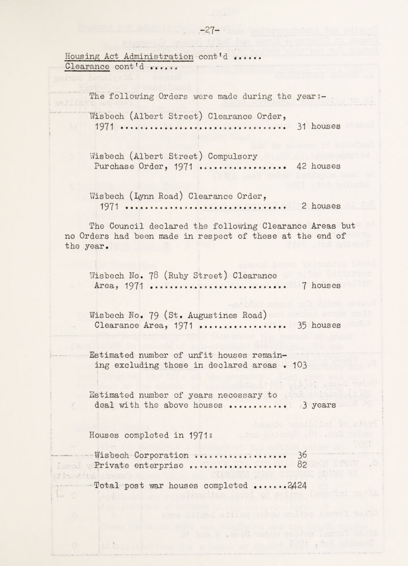 -2 7- Housing Act Administration cont-’d Clearance cont * d » * .. .. The following Orders were made during the years- . Wisbech (Albert Street) Clearance Order, 1971 ............... 31 houses 1 Wisbech (Albert Street) Compulsory Purchase Order, 1971 .. 42 houses Wisbech (Lynn Road) Clearance Order, 1971 .....*.. 2 houses The Council declared the following Clearance Areas but no Orders had been made in respect of these at the end of the year* Wisbech No. 78 (Ruby Street) Clearance Area, 1971 ..«••..... 7 houses * Wisbech No. 79 (St. Augustines Road) Clearance Area, 1971 .............. 35 houses Estimated number of unfit houses remain¬ ing excluding those in declared areas • 103 l Estimated number of years necessary to deal with the above houses ............ 3 years Houses completed in 1971s -^Wisbech Corporation ..................• 36 Private enterprise .................... 82 •Total post war houses completed .......2424