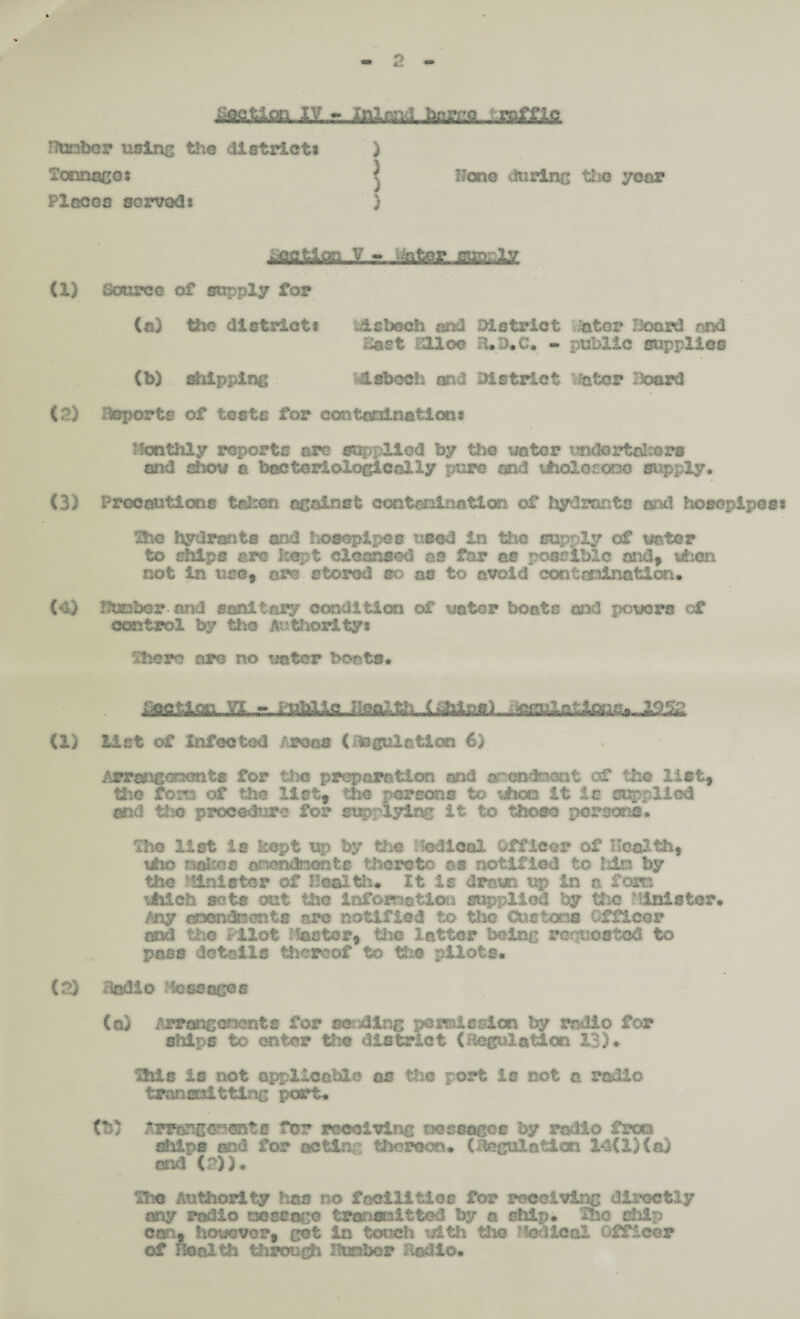 ft&tttiiittrag.refi&a ■SagJiiBa-Ii Huober using the district* ) Tonnages ^ Hone during the year Places served: ) (1) Source of supply for (a) the district* t&sbech end District viator Board end East Xftloc B.B.C. - public supplies (b) dipping Wisbech and District Hater :ioard (P) Boporfcs of tests for contaminations Monthly reports are supplied by the water undartalters and show a bacfcoriologicnlly pure md wholesome supply. (3) Precautions taken against contamination of hydrants and hosepipes* She hydrants and hosepipes used in the sup: Xy of water to ships arc kept cleansed as far as possible and* when not in use, are stored so as to avoid contamination. (4) SMber and solitary condition of crater boats and powers of control by the Authority* cohere are no zmter boats. &fiUoa,\l..r .19% (1) list of Infected Areas Coagulation 6} Arrangements for the preparation end amendment of the list, the tom of the list, the persons to when it is supplied ami the procedure for supplying it to those parsons* The list is kept up by the ledical Officer of Health, uho mktsm anendnonts thereto as notified to bin by the Minister of Health* It is draw up in a faro dhlch sets out the Infosnatlan supplied by the Minister. Any enindbents are notified to the Custam Officer and the Pilot Master, the latter being requoated to pass details thereof to the pilots. (f>) Hadio Messages < (g) Arrangements for so. ding permission by radio for ships to enter the district (angulation 13). is not applicable os the port is not a radio transmitting port. (1*5 ArrwKdetdSts for receiving ooseagee by radio frcci ships ffi4 for acting thereon* (itegulation 14(1)(a) and (a)}* Authority has no facilities for receiving directly my radio sassage transmitted by a ship, The chip can, however, got In touch with the Medical Officer of Health through Member Radio*