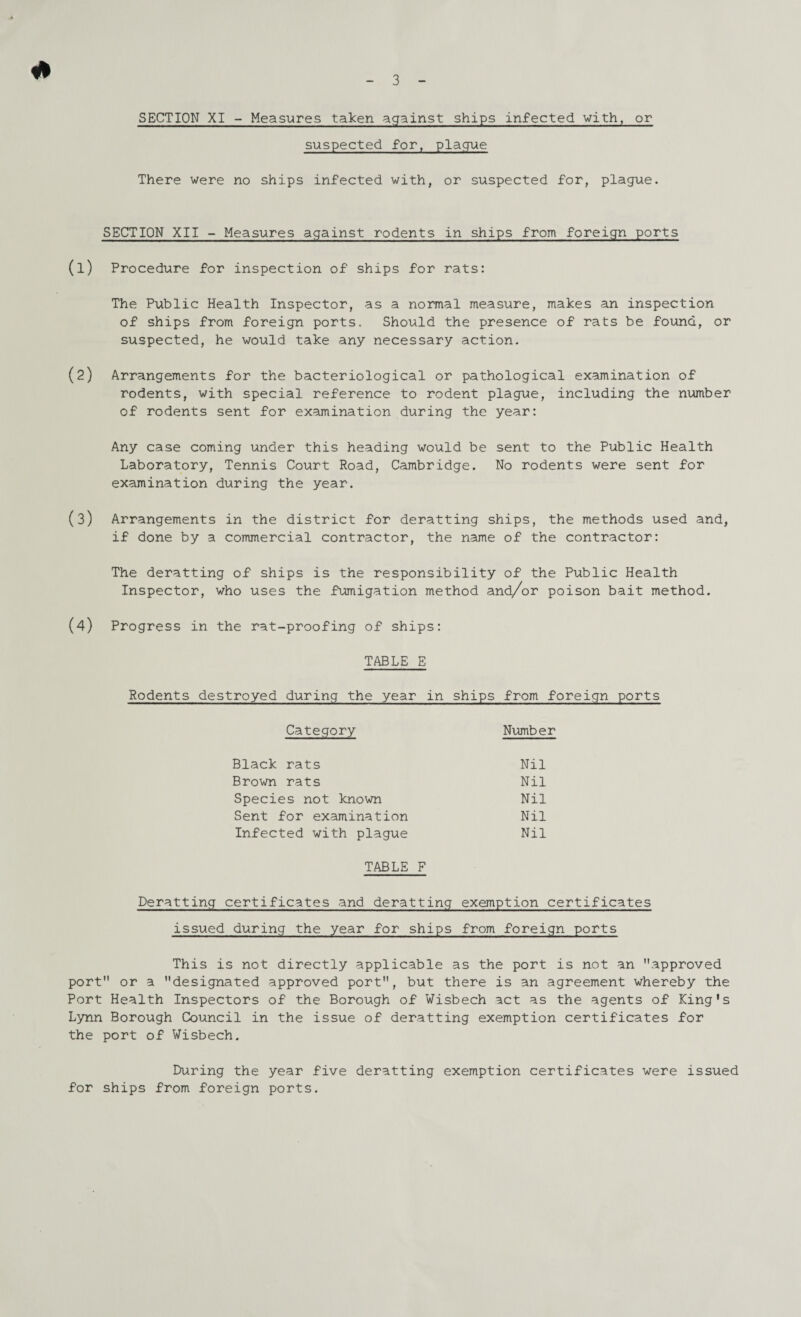 * 3 SECTION XI - Measures taken against ships infected with, or suspected for, plague There were no ships infected with, or suspected for, plague. SECTION XII - Measures against rodents in ships from foreign ports (1) Procedure for inspection of ships for rats: The Public Health Inspector, as a normal measure, makes an inspection of ships from foreign ports. Should the presence of rats be found, or suspected, he would take any necessary action. (2) Arrangements for the bacteriological or pathological examination of rodents, with special reference to rodent plague, including the number of rodents sent for examination during the year: Any case coming under this heading would be sent to the Public Health Laboratory, Tennis Court Road, Cambridge. No rodents were sent for examination during the year. (3) Arrangements in the district for deratting ships, the methods used and, if done by a commercial contractor, the name of the contractor: The deratting of ships is the responsibility of the Public Health Inspector, who uses the fumigation method and/or poison bait method. (4) Progress in the rat-proofing of ships: TABLE E Rodents destroyed during the year in ships from foreign ports Category Number Black rats Nil Brown rats Nil Species not known Nil Sent for examination Nil Infected with plague Nil TABLE F Deratting certificates and deratting exemption certificates issued during the year for ships from foreign ports This is not directly applicable as the port is not an approved port or a designated approved port, but there is an agreement whereby the Port Health Inspectors of the Borough of Wisbech act as the agents of King's Lynn Borough Council in the issue of deratting exemption certificates for the port of Wisbech. During the year five deratting exemption certificates were issued for ships from foreign ports.