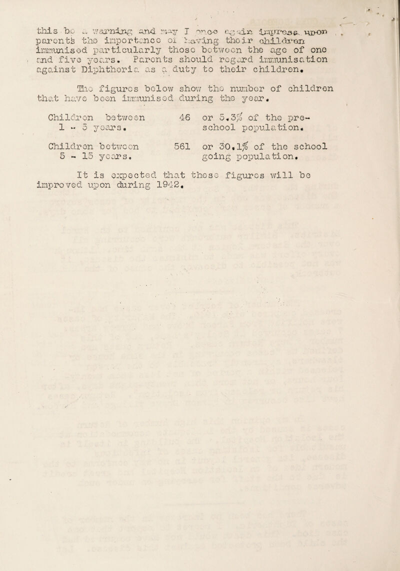 till s b.c _ warning and mvy I t.oo c-qin impreaa., ux>on parents tho importance oi having their chdJLdron immunised particularly those between the age of one end five years• Parents should regard immunisation against Diphtheria as a duty to their children# The figures below show tho number of children that have been inmunisod during the year# Children between 1-3 years# 46 or 5#3/o of the pre~ s choo1 p opulation * Children between 5 - 15 years# 561 or 30.1$ of the school going population# It Is expected that these figures will be Improved upon during 1942#