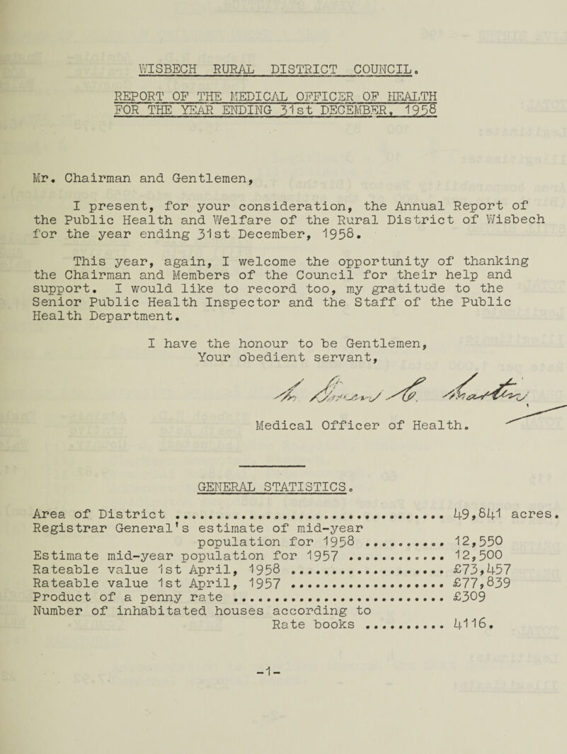 REPORT OF THE MEDICi\L OFFICER OF HEAI.TH FOR THE YEAR ENDING 51st DECEMBER, 1958 Mr* Chairman and Gentlemen, I present, for your consideration, the Annual Report of the Public Health and Welfare of the Rural District of Wisbech for the year ending 3'^st December, 195S* This year, again, I welcome the opportunity of thanking the Chairman and Members of the Council for their help and support, I would like to record too, m.y gratitude to the Senior Public Health Inspector and the Staff of the Public Health Department, I have the honour to be Gentlemen, Your obedient servant. . / “ Medical Officer of Health, GENEPAi STATISTICS, Area of District ..... 49>64! acres. Registrar General’s estimate of mid-year population for 1958 .. 12,550 Estimate mid-year population for 1957 ... 12,500 Rateable value 1st April, 1958 ...,,,, £73>457 Rateable value 1st April, 1957 ...£77>839 Product of a penny rate .... £309 Number of inhabitated houses according to Rate books .4116, -1-