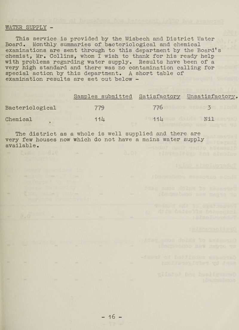 WATER SUPPLY - This service is provided by the Wisbech and District Water Board. Monthly summaries of bacteriological and chemical examinations are sent through to this department by the Board1s chemist, Mr. Collins, whom I wish to thank for his ready help with problems regarding water supply. Results have been of a very high standard and there was no contamination calling for special action by this department. A short table of examination results are set out below - Samples submitted Satisfactory Unsatisfactory. Bacteriological 779 776 3 Chemical 114 114 Nil The district as a whole is well supplied and there are very few houses now which do not have a mains water supply available.