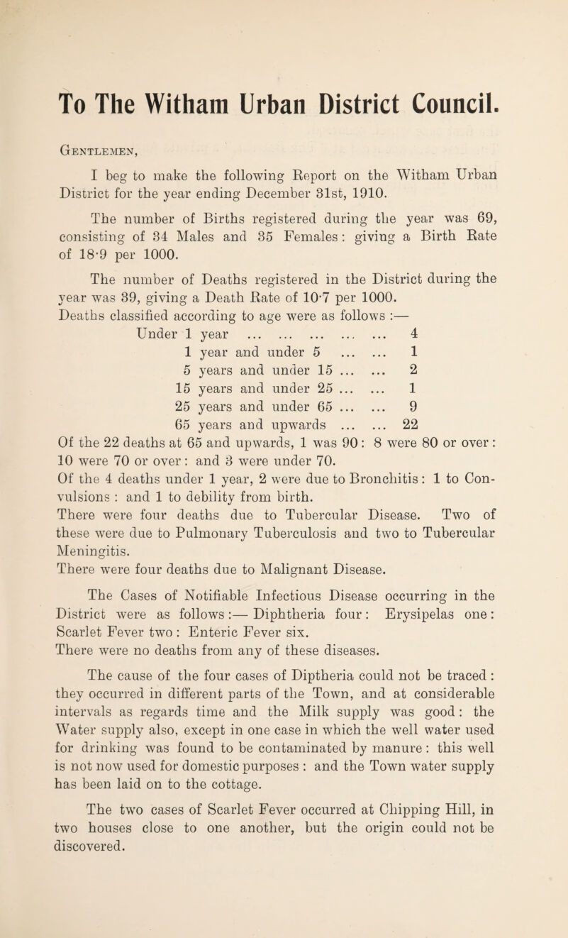 To The Witham Urban District Council. Gentlemen, I beg to make the following Report on the Witham Urban District for the year ending December 31st, 1910. The number of Births registered during the year was 69, consisting of 34 Males and 35 Females: giving a Birth Rate of 18*9 per 1000. The number of Deaths registered in the District during the year was 39, giving a Death Rate of 107 per 1000. Deaths classified according to age were as follows :— Under 1 year . 4 1 year and under 5 . 1 5 years and under 15. 2 15 years and under 25. 1 25 years and under 65 .. 9 65 years and upwards . 22 Of the 22 deaths at 65 and upwards, 1 was 90 : 8 were 80 or over : 10 were 70 or over: and 3 were under 70. Of the 4 deaths under 1 year, 2 were due to Bronchitis: 1 to Con¬ vulsions : and 1 to debility from birth. There were four deaths due to Tubercular Disease. Two of these were due to Pulmonary Tuberculosis and two to Tubercular Meningitis. There were four deaths due to Malignant Disease. The Cases of Notifiable Infectious Disease occurring in the District were as follows :— Diphtheria four : Erysipelas one : Scarlet Fever two : Enteric Fever six. There were no deaths from any of these diseases. The cause of the four cases of Diptheria could not be traced : they occurred in different parts of the Town, and at considerable intervals as regards time and the Milk supply was good: the Water supply also, except in one case in which the well water used for drinking was found to be contaminated by manure: this well is not now used for domestic purposes : and the Town water supply has been laid on to the cottage. The two cases of Scarlet Fever occurred at Chipping Hill, in two houses close to one another, but the origin could not be discovered.