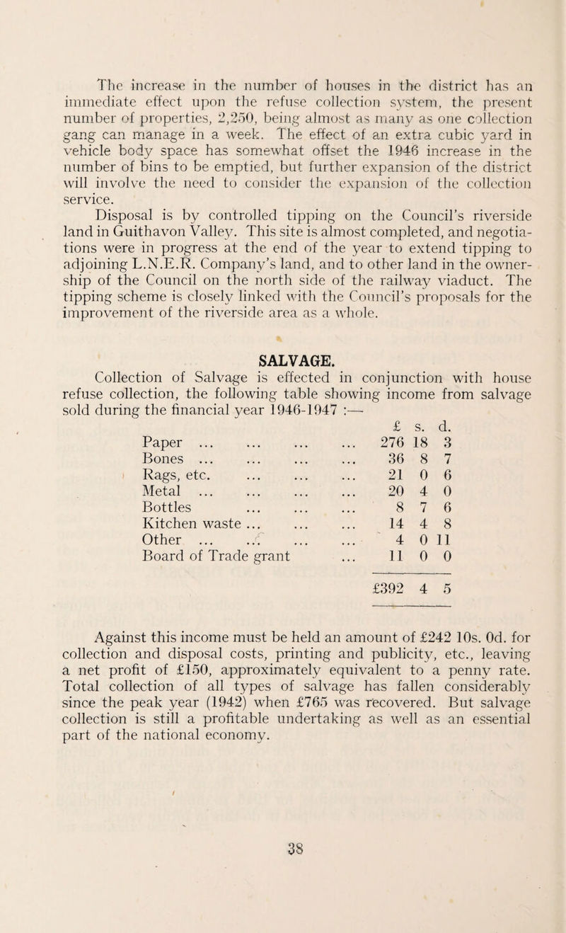 The increase in the number of houses in the district has an immediate effect upon the refuse collection system, the present number of properties, 2,250, being almost as many as one collection gang can manage in a week. The effect of an extra cubic yard in vehicle body space has somewhat offset the 1946 increase in the number of bins to be emptied, but further expansion of the district will involve the need to consider the expansion of the collection service. Disposal is by controlled tipping on the Council’s riverside land in Guithavon Valley. This site is almost completed, and negotia¬ tions were in progress at the end of the year to extend tipping to adjoining L.N.E.R. Company’s land, and to other land in the owner¬ ship of the Council on the north side of the railway viaduct. The tipping scheme is closely linked with the Council’s proposals for the improvement of the riverside area as a whole. SALVAGE. Collection of Salvage is effected in conjunction with house refuse collection, the following table showing income from salvage sold during the financial year 1946-1947 :— £ s. d. Paper ... ... 276 18 3 Bones ... 36 8 7 Rags, etc. 21 0 6 Metal 20 4 0 Bottles 8 7 6 Kitchen waste ... 14 4 8 Other ... . .T 4 0 11 Board of Trade grant 11 0 0 £392 4 5 Against this income must be held an amount of £242 10s. Od. for collection and disposal costs, printing and publicity, etc., leaving a net profit of £150, approximately equivalent to a penny rate. Total collection of all types of salvage has fallen considerably since the peak year (1942) when £765 was recovered. But salvage collection is still a profitable undertaking as well as an essential part of the national economy. /