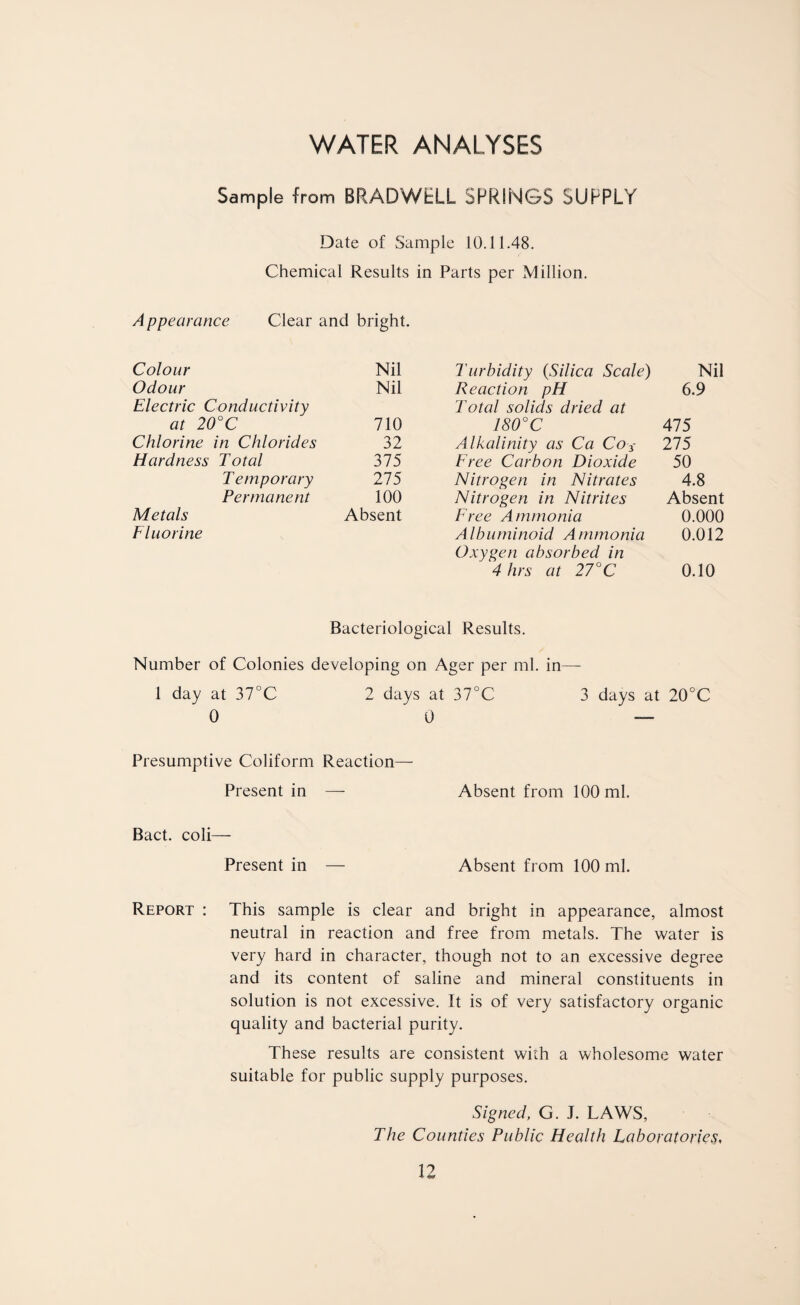 WATER ANALYSES Sample from BRADWtLL SPRINGS SUPPLY Date of Sample 10.11.48. Chemical Results in Parts per Million. Appearance Clear and bright. Colour Nil Turbidity (Silica Scale) Nil Odour Nil Reaction pH 6.9 Electric Conductivity Total solids dried at at 20°C 710 180° C 475 Chlorine in Chlorides 32 Alkalinity as Ca Co3- 275 Hardness Total 375 Free Carbon Dioxide 50 Temporary 275 Nitrogen in Nitrates 4.8 Permanent 100 Nitrogen in Nitrites Absent Metals Absent Free Ammonia 0.000 Fluorine Albuminoid Ammonia 0.012 Oxygen absorbed in 4 hrs at 27°C 0.10 Bacteriological Results. Number of Colonies developing on Ager per ml. in— 1 day at 37°C 2 days at 37°C 3 days at 20°C 0 0 — Presumptive Coliform Reaction—- Present in — Absent from 100 ml. Bact. coli— Present in — Absent from 100 ml. Report : This sample is clear and bright in appearance, almost neutral in reaction and free from metals. The water is very hard in character, though not to an excessive degree and its content of saline and mineral constituents in solution is not excessive. It is of very satisfactory organic quality and bacterial purity. These results are consistent with a wholesome water suitable for public supply purposes. Signed, G. J. LAWS, The Counties Public Health Laboratories,