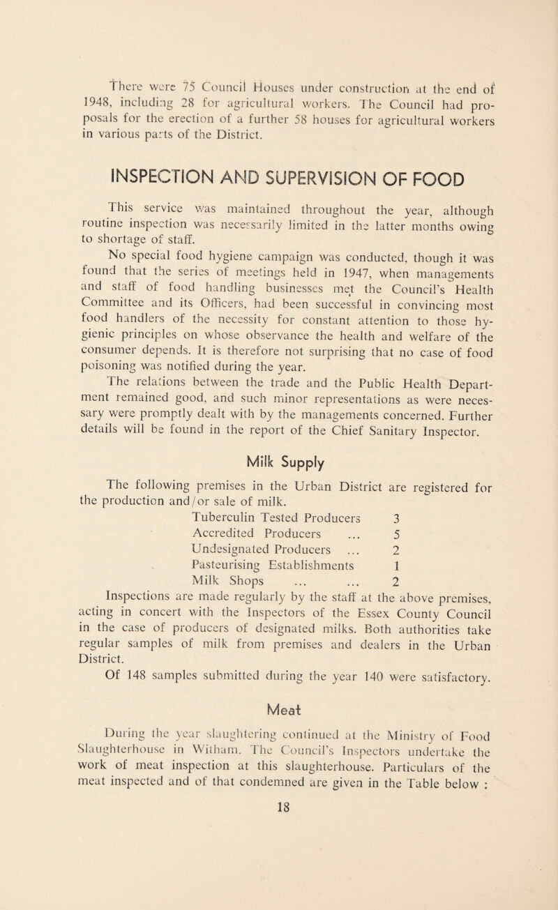 1 here were 75 Council Houses under construction at the end of 1948, including 28 for agricultural workers. The Council had pro¬ posals for the erection of a further 58 houses for agricultural workers in various parts of the District. INSPECTION AND SUPERVISION OF FOOD This service was maintained throughout the year, although j outine inspection was necessarily limited in the latter months owing to shortage of staff. No special food hygiene campaign was conducted, though it was found that the series of meetings held in 1947, when managements and staff of food handling businesses met the Council’s Health Committee and its Officers, had been successful in convincing most food handlers of the necessity for constant attention to those hy¬ gienic principles on whose observance the health and welfare of the consumer depends. It is therefore not surprising that no case of food poisoning was notified during the year. The relations between the trade and the Public Health Depart¬ ment remained good, and such minor representations as were neces¬ sary v/ere promptly dealt with by the managements concerned. Further details will be found in the report of the Chief Sanitary Inspector. Milk Supply The following premises in the Urban District are registered for the production and/or sale of milk. Tuberculin Tested Producers 3 Accredited Producers ... 5 Undesignated Producers ... 2 Pasteurising Establishments 1 Milk Shops ... ... 2 Inspections are made regularly by the staff at the above premises, acting in concert with the Inspectors of the Essex County Council in the case of producers of designated milks. Both authorities take regular samples of milk from premises and dealers in the Urban District. Of 148 samples submitted during the year 140 were satisfactory. Meat During the year slaughtering continued at the Ministry of Food Slaughterhouse in Witham. The Council’s Inspectors undertake the work of meat inspection at this slaughterhouse. Particulars of the meat inspected and of that condemned are given in the Table below :