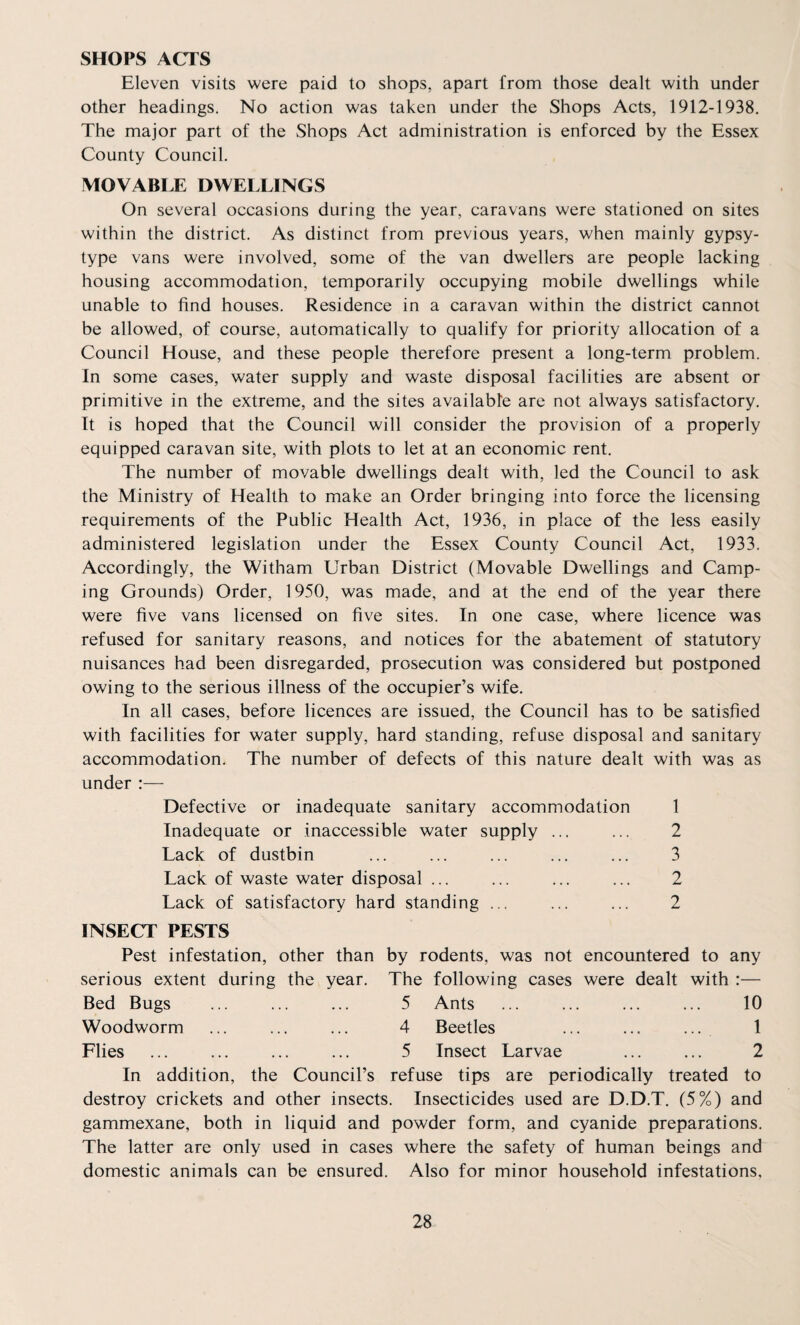 SHOPS ACTS Eleven visits were paid to shops, apart from those dealt with under other headings. No action was taken under the Shops Acts, 1912-1938. The major part of the Shops Act administration is enforced by the Essex County Council. MOVABLE DWELLINGS On several occasions during the year, caravans were stationed on sites within the district. As distinct from previous years, when mainly gypsy- type vans were involved, some of the van dwellers are people lacking housing accommodation, temporarily occupying mobile dwellings while unable to find houses. Residence in a caravan within the district cannot be allowed, of course, automatically to qualify for priority allocation of a Council House, and these people therefore present a long-term problem. In some cases, water supply and waste disposal facilities are absent or primitive in the extreme, and the sites available are not always satisfactory. It is hoped that the Council will consider the provision of a properly equipped caravan site, with plots to let at an economic rent. The number of movable dwellings dealt with, led the Council to ask the Ministry of Health to make an Order bringing into force the licensing requirements of the Public Health Act, 1936, in place of the less easily administered legislation under the Essex County Council Act, 1933. Accordingly, the Witham Urban District (Movable Dwellings and Camp¬ ing Grounds) Order, 1950, was made, and at the end of the year there were five vans licensed on five sites. In one case, where licence was refused for sanitary reasons, and notices for the abatement of statutory nuisances had been disregarded, prosecution was considered but postponed owing to the serious illness of the occupier’s wife. In all cases, before licences are issued, the Council has to be satisfied with facilities for water supply, hard standing, refuse disposal and sanitary accommodation. The number of defects of this nature dealt with was as under :— Defective or inadequate sanitary accommodation 1 Inadequate or inaccessible water supply ... ... 2 Lack of dustbin ... ... ... ... ... 3 Lack of waste water disposal ... ... ... ... 2 Lack of satisfactory hard standing ... ... ... 2 INSECT PESTS Pest infestation, other than by rodents, was not encountered to any serious extent during the year. The following cases were dealt with :— Bed Bugs ... ... ... 5 Ants ... ... ... ... 10 Woodworm ... ... ... 4 Beetles ... ... ... 1 Flies ... ... ... ... 5 Insect Larvae ... ... 2 In addition, the Council’s refuse tips are periodically treated to destroy crickets and other insects. Insecticides used are D.D.T. (5%) and gammexane, both in liquid and powder form, and cyanide preparations. The latter are only used in cases where the safety of human beings and domestic animals can be ensured. Also for minor household infestations.