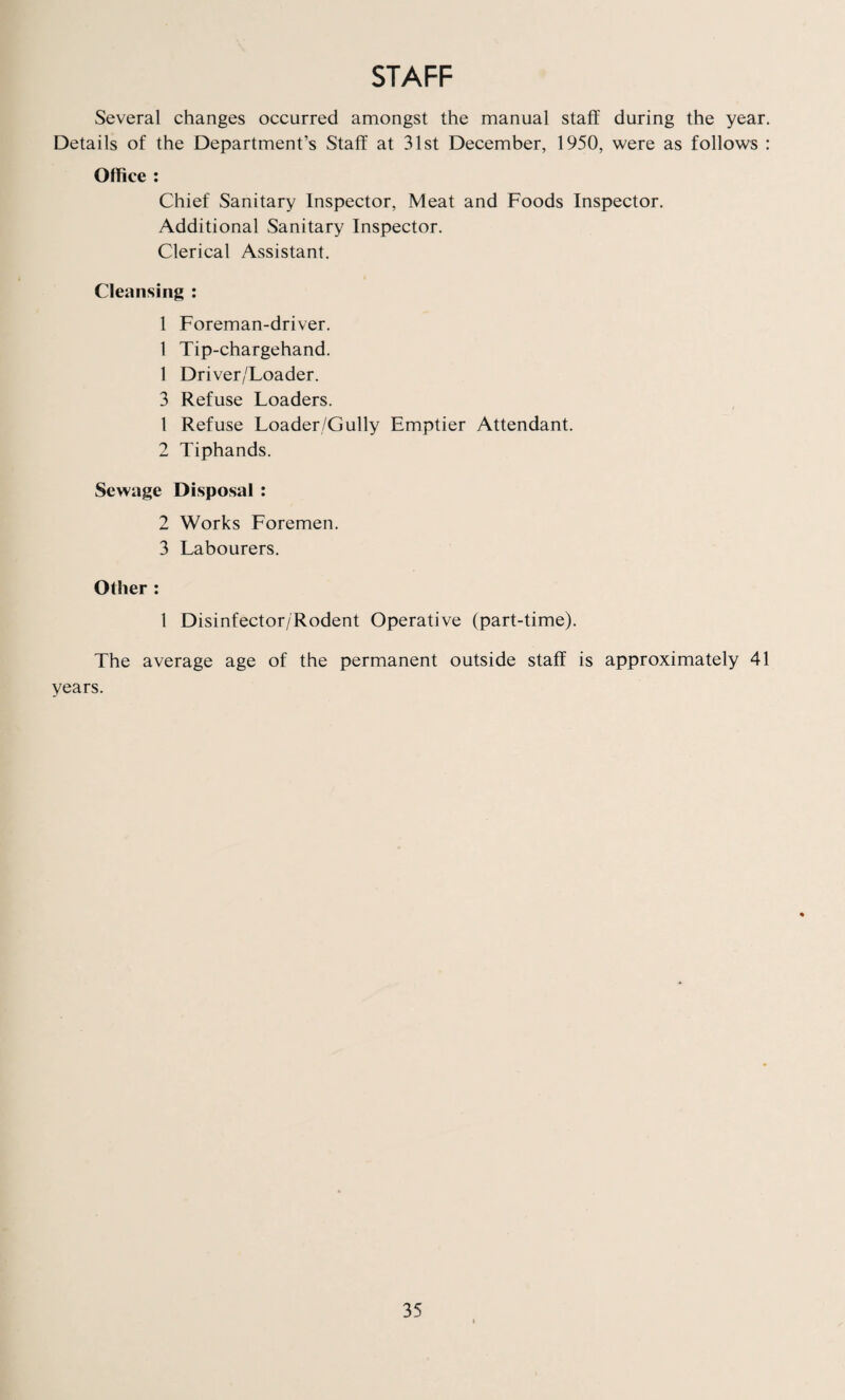 STAFF Several changes occurred amongst the manual staff during the year. Details of the Department’s Staff at 31st December, 1950, were as follows : Office : Chief Sanitary Inspector, Meat and Foods Inspector. Additional Sanitary Inspector. Clerical Assistant. Cleansing : 1 Foreman-driver. 1 Tip-chargehand. 1 Driver/Loader. 3 Refuse Loaders. 1 Refuse Loader/Gully Emptier Attendant. 2 Tiphands. Sewage Disposal : 2 Works Foremen. 3 Labourers. Other : 1 Disinfector/Rodent Operative (part-time). The average age of the permanent outside staff is approximately 41 years.